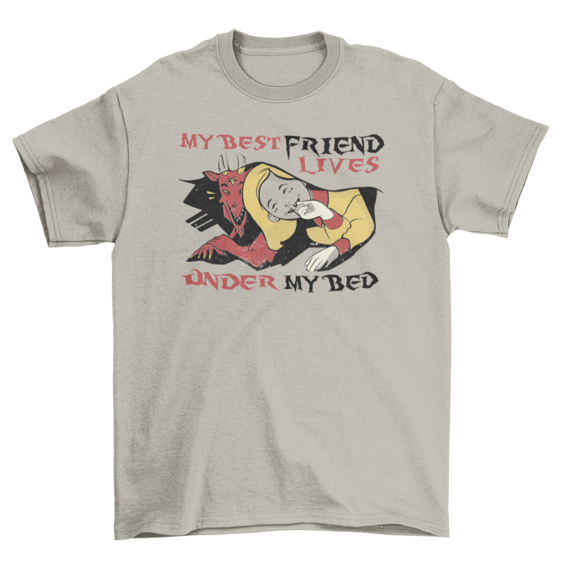 Funny Monster Quote T-shirt featuring a girl and a friendly monster under the bed with a humorous quote.