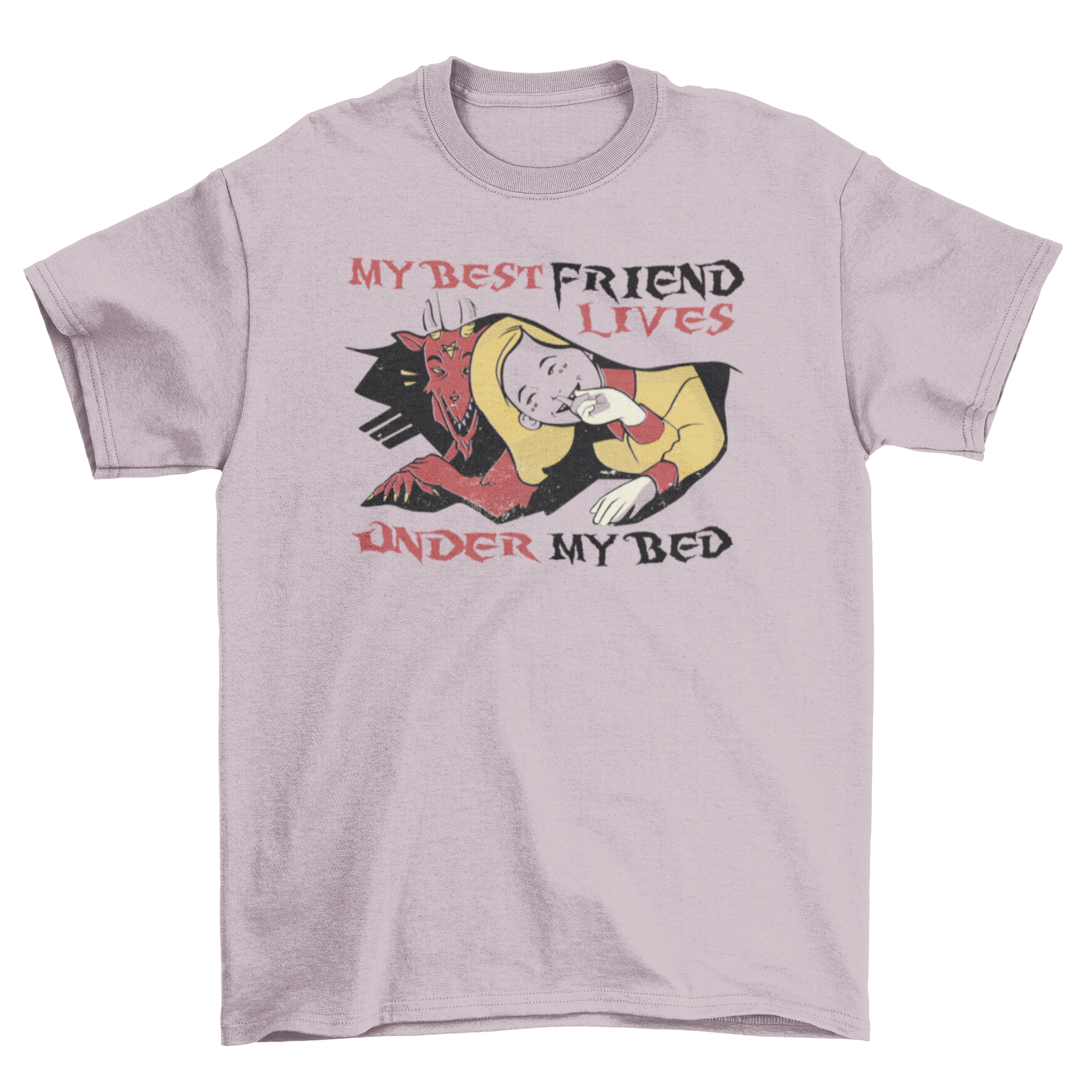 Funny Monster Quote T-shirt featuring a girl and a friendly monster under the bed with a humorous quote.