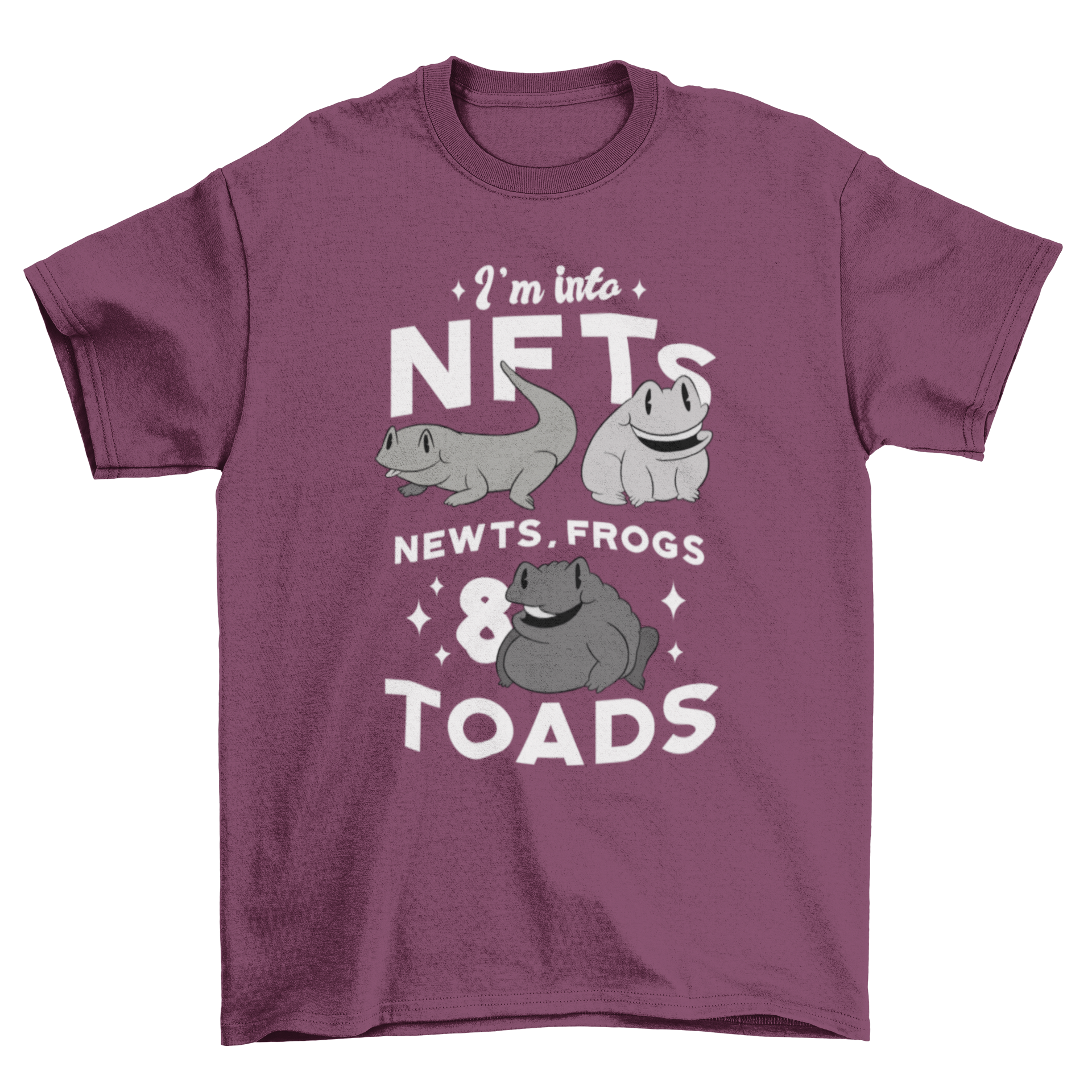 A humorous t-shirt featuring a quote about NFTs, newts, frogs, and toads, with vibrant colors and a playful design.