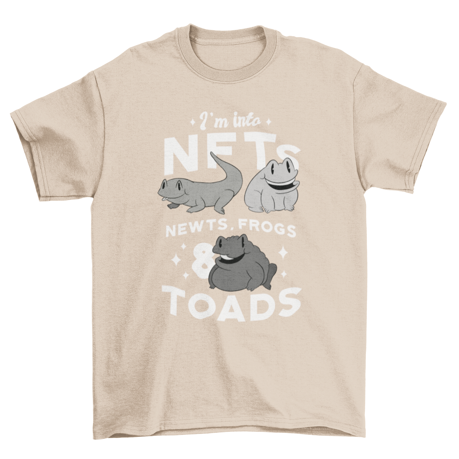 A humorous t-shirt featuring a quote about NFTs, newts, frogs, and toads, with vibrant colors and a playful design.