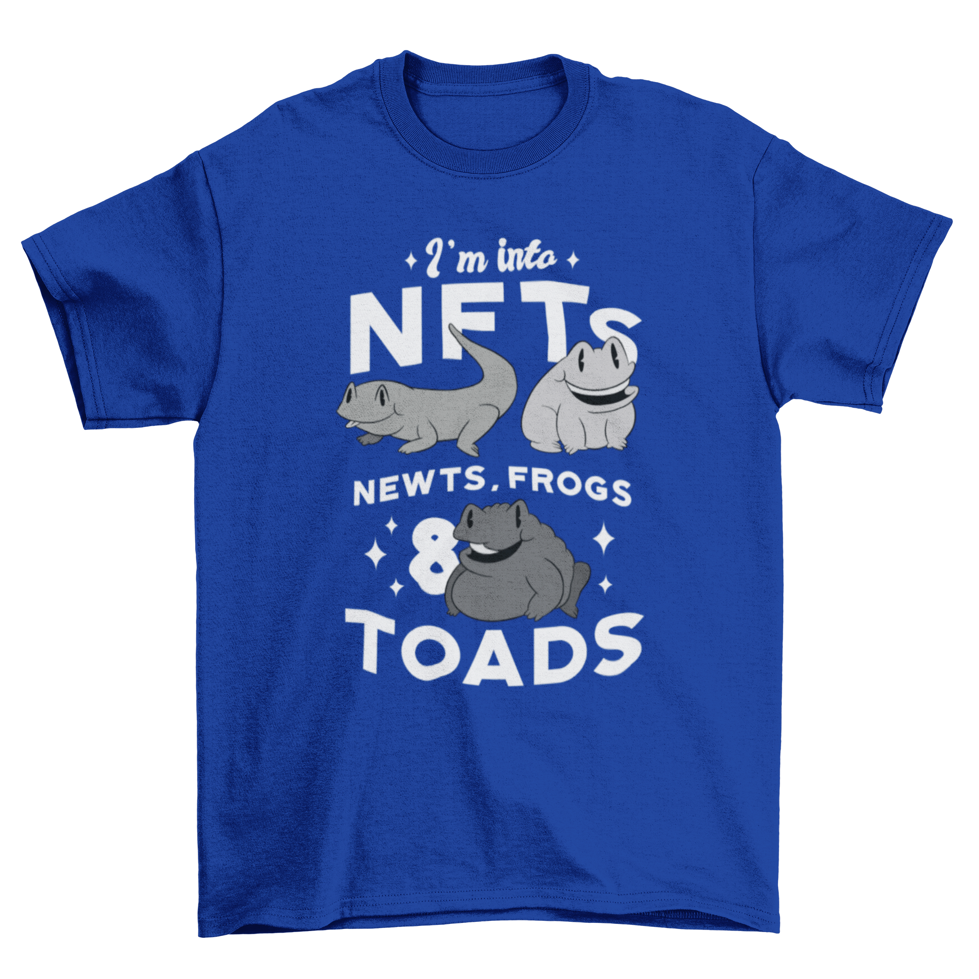 A humorous t-shirt featuring a quote about NFTs, newts, frogs, and toads, with vibrant colors and a playful design.