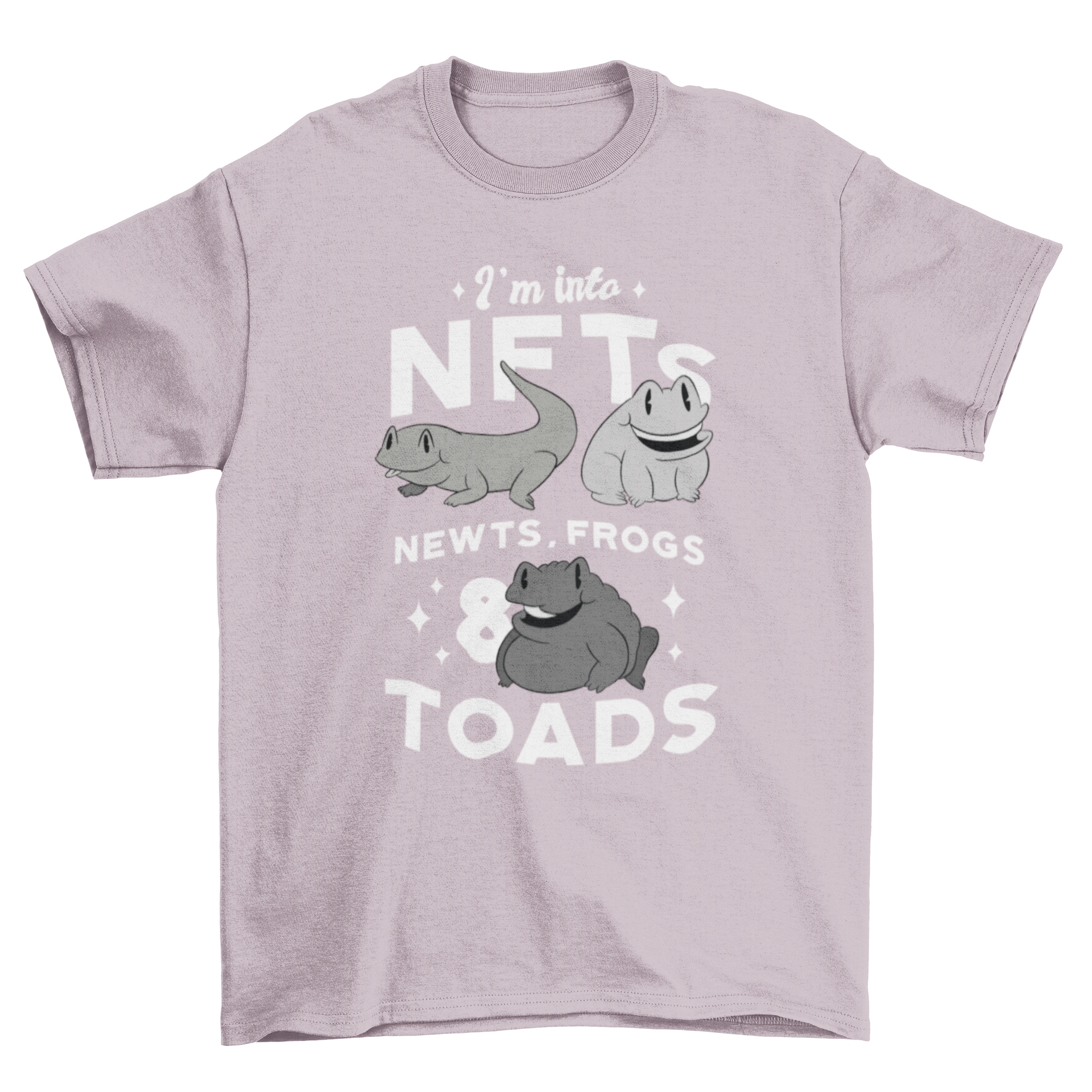 A humorous t-shirt featuring a quote about NFTs, newts, frogs, and toads, with vibrant colors and a playful design.