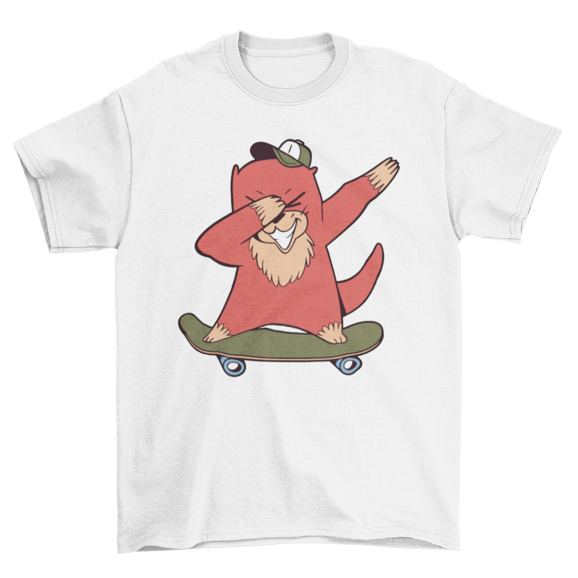 A humorous t-shirt featuring a cartoon otter dabbing on a skateboard, showcasing a playful design.