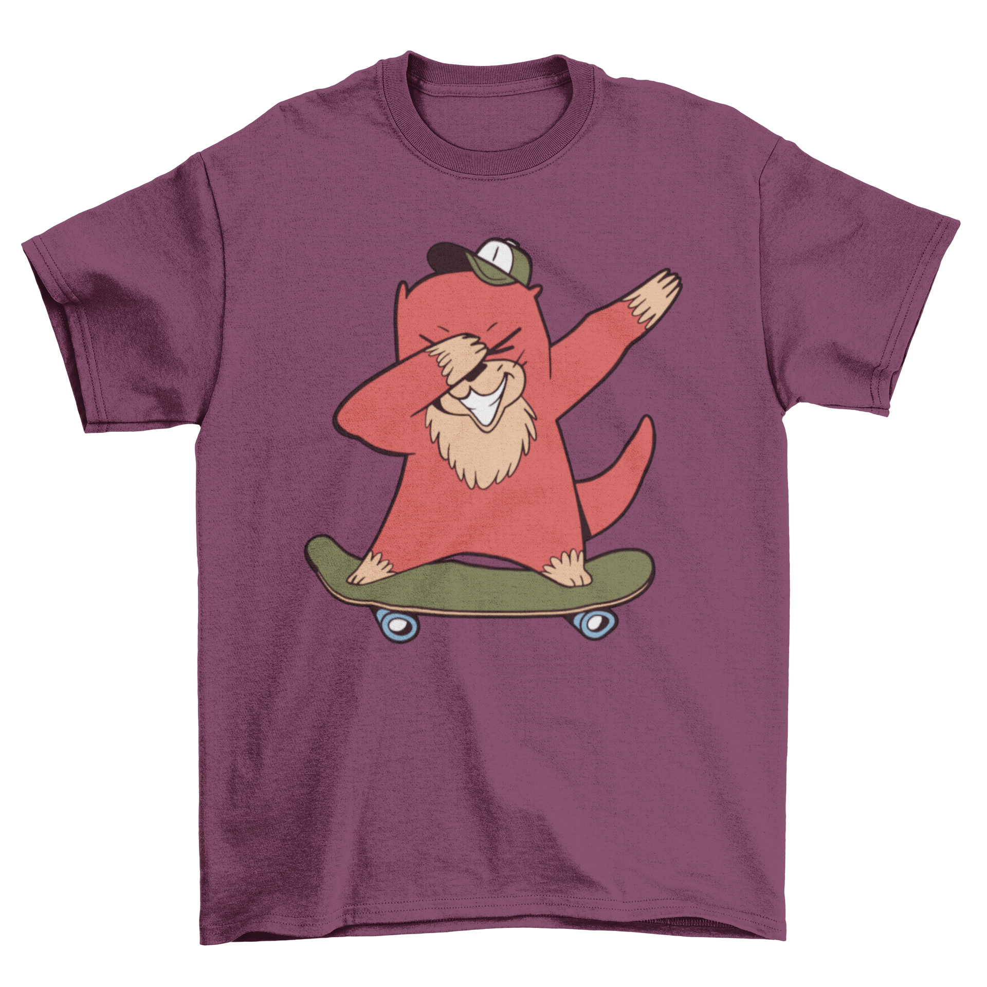 A humorous t-shirt featuring a cartoon otter dabbing on a skateboard, showcasing a playful design.