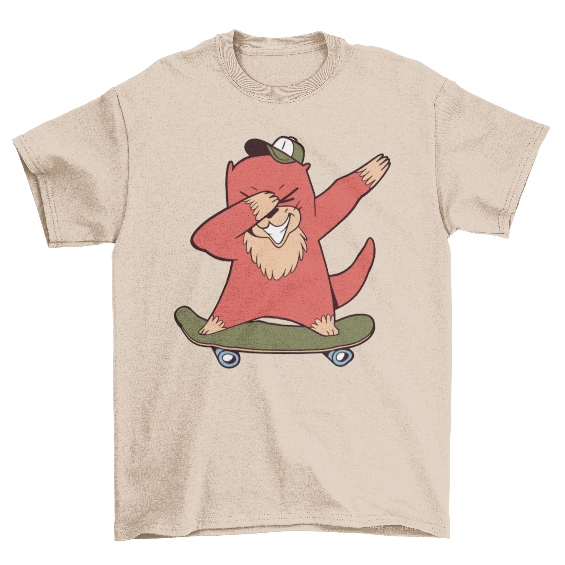 A humorous t-shirt featuring a cartoon otter dabbing on a skateboard, showcasing a playful design.