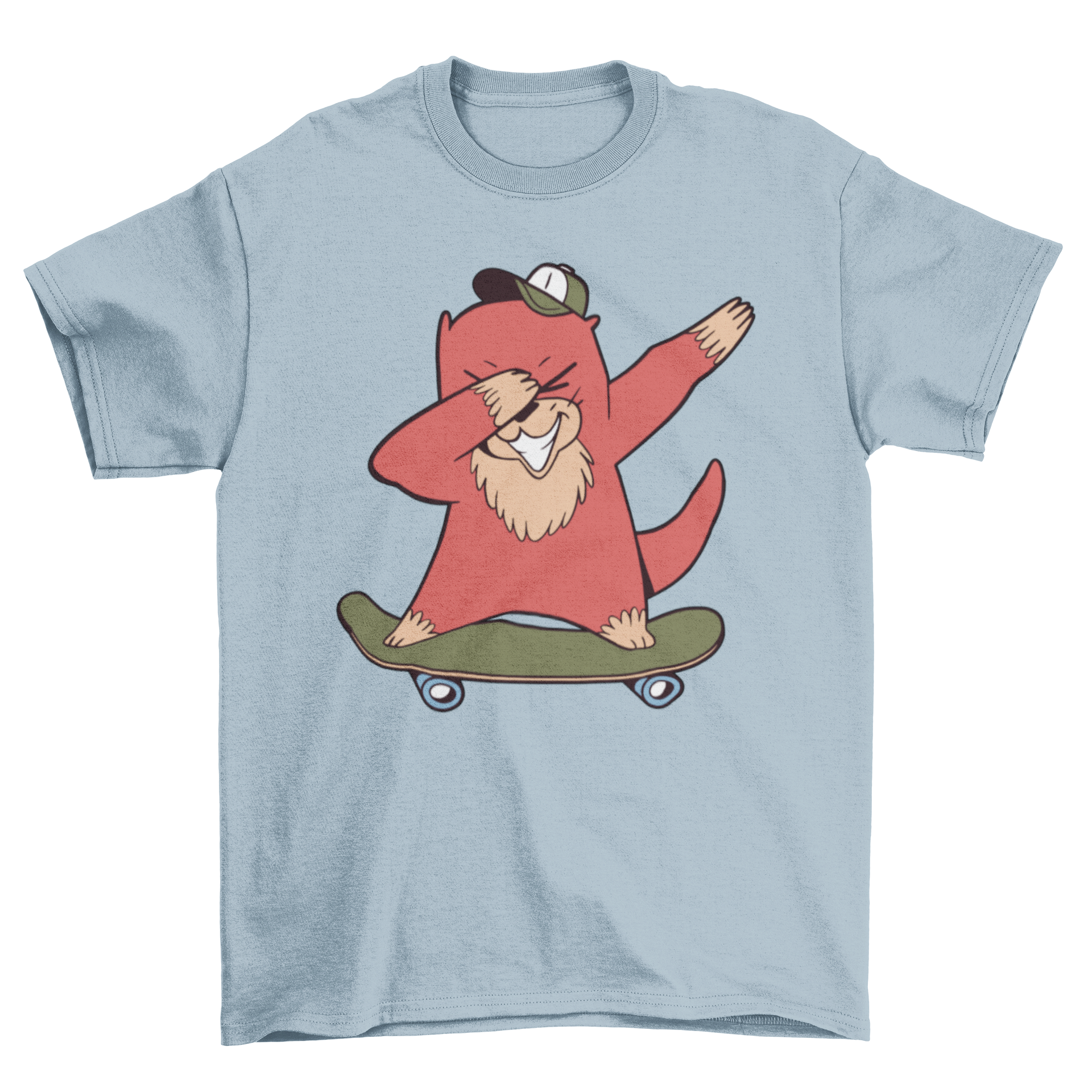 A humorous t-shirt featuring a cartoon otter dabbing on a skateboard, showcasing a playful design.