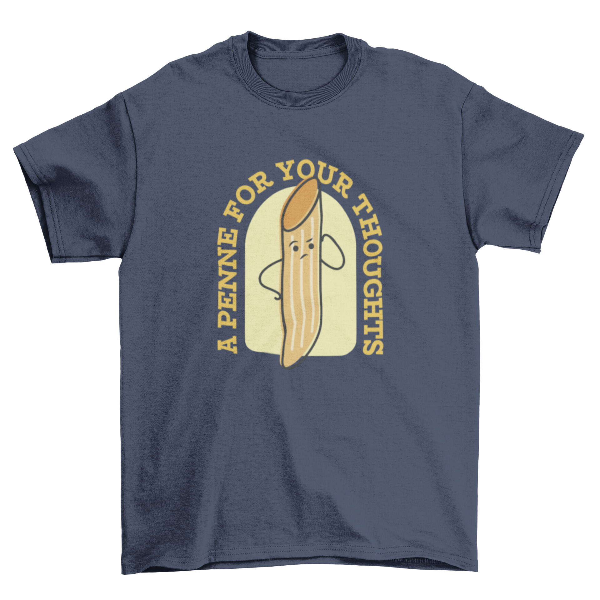 Funny pasta pun t-shirt featuring a cartoon penne and the quote 'A penne for your thoughts'.