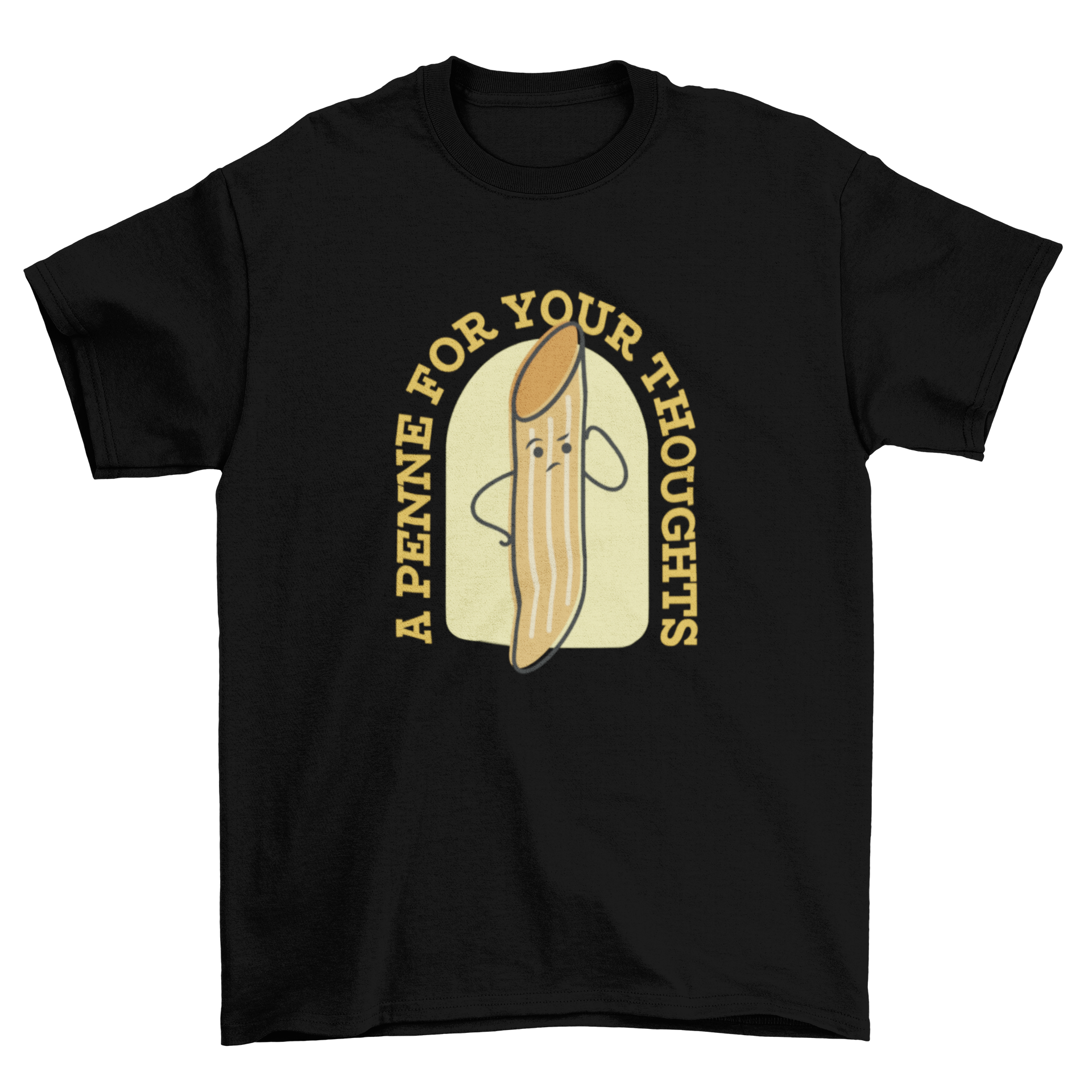 Funny pasta pun t-shirt featuring a cartoon penne and the quote 'A penne for your thoughts'.