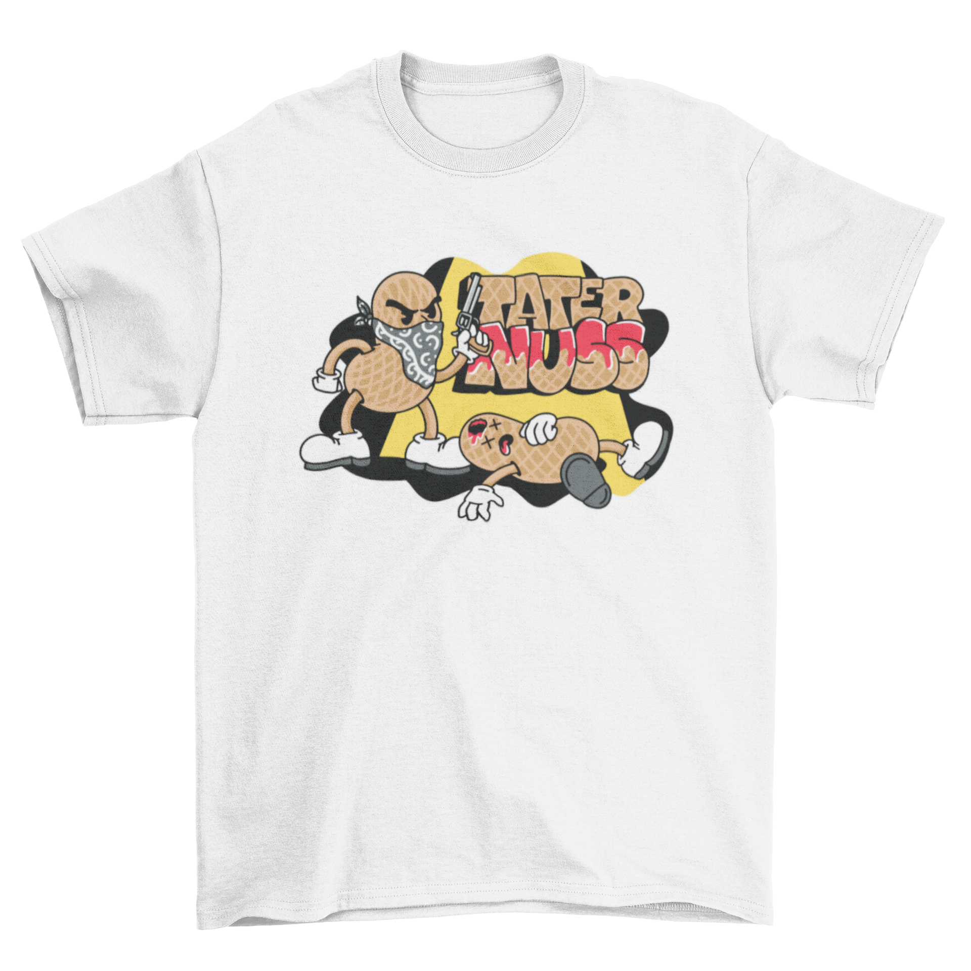 A humorous t-shirt design featuring a cartoon peanut killing another peanut with the caption 'Tater nuss'.