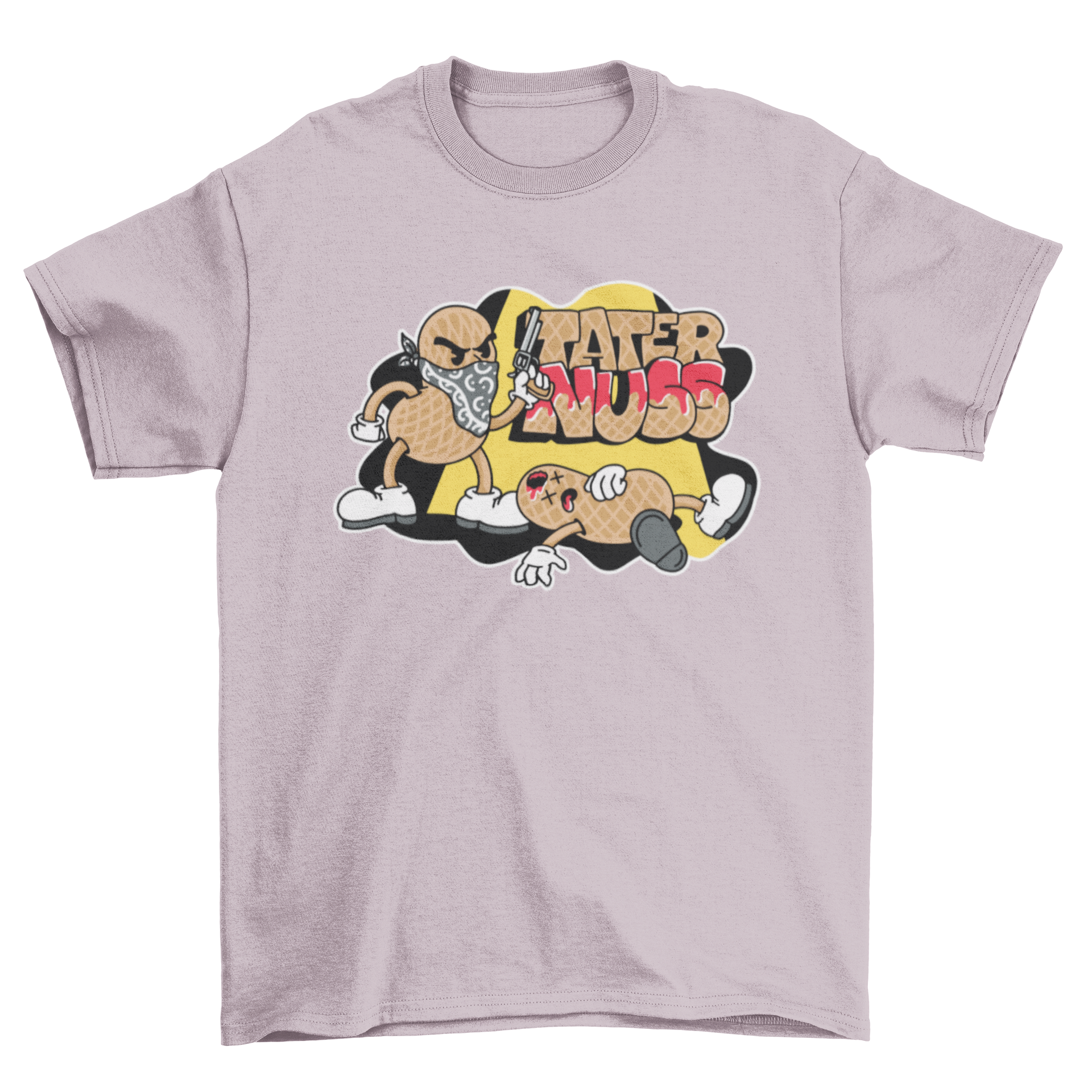 A humorous t-shirt design featuring a cartoon peanut killing another peanut with the caption 'Tater nuss'.