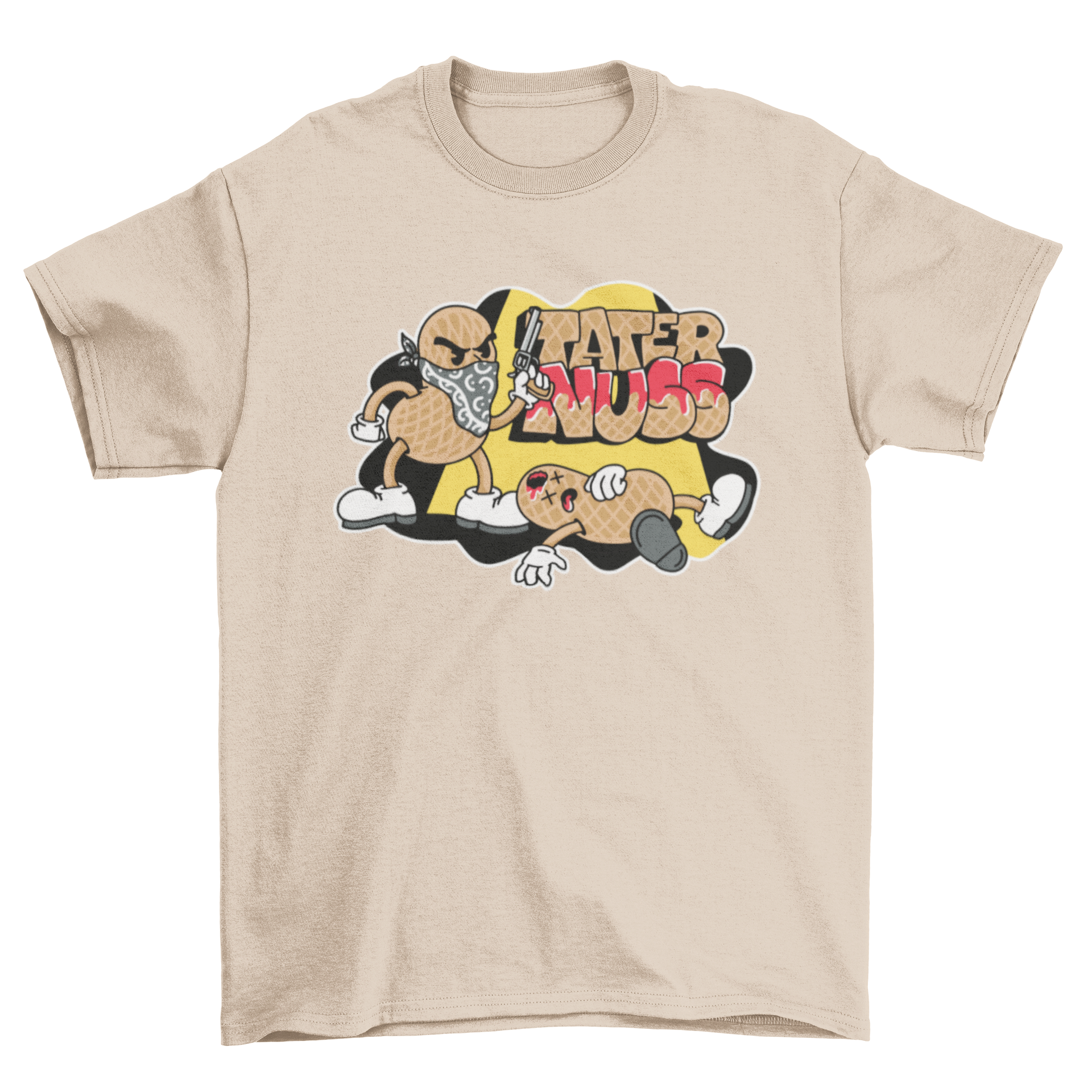 A humorous t-shirt design featuring a cartoon peanut killing another peanut with the caption 'Tater nuss'.