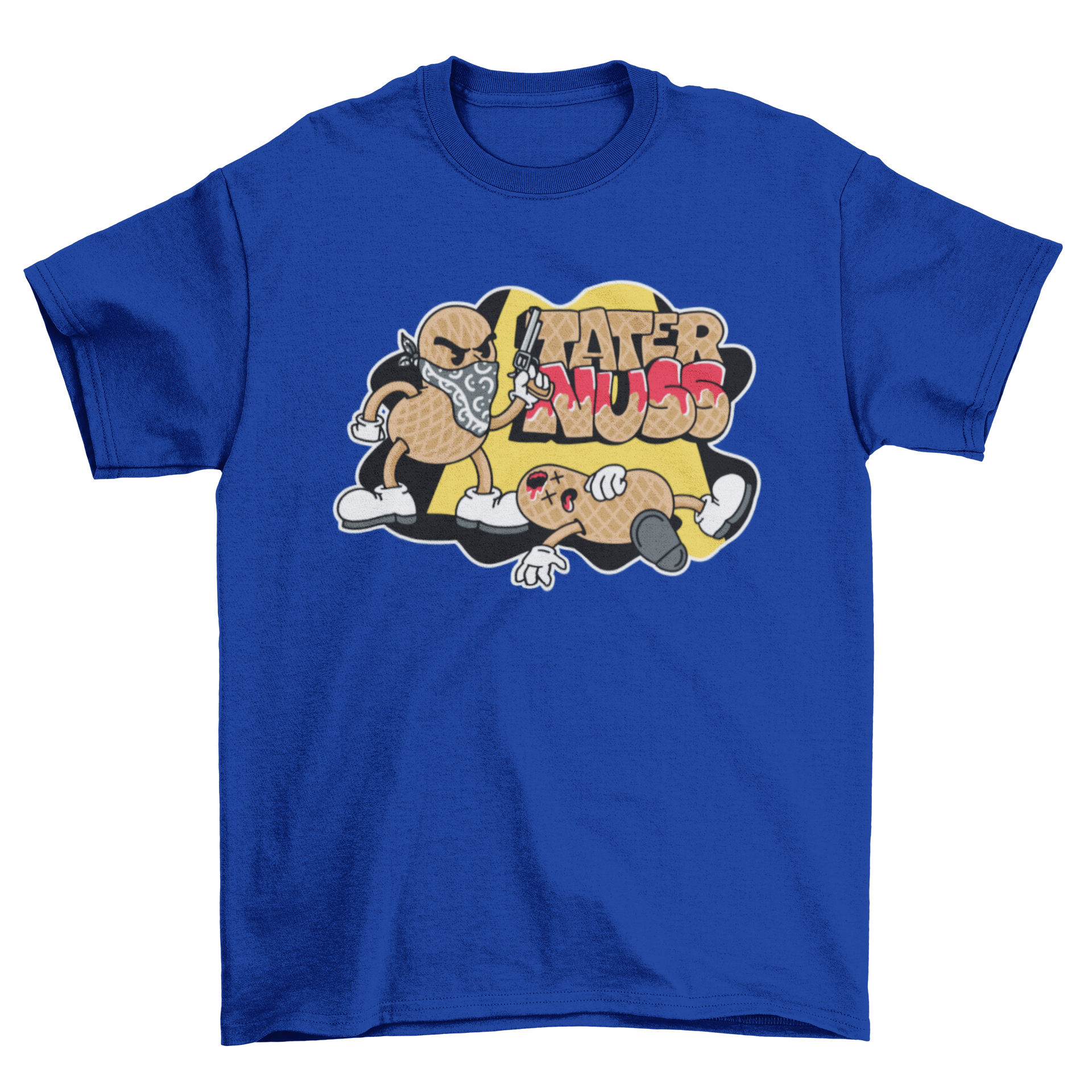 A humorous t-shirt design featuring a cartoon peanut killing another peanut with the caption 'Tater nuss'.