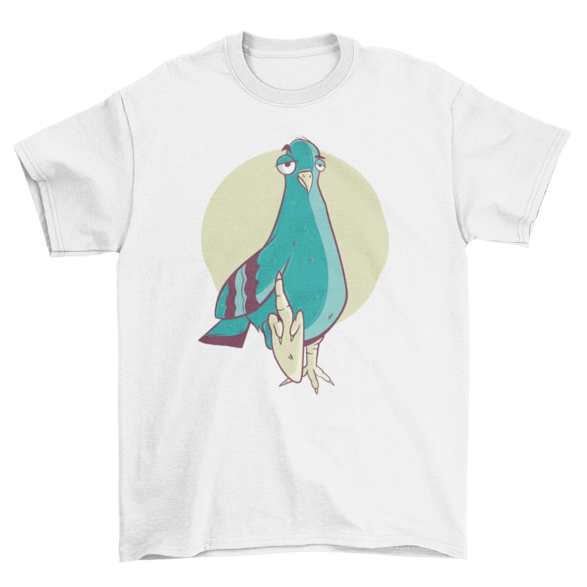 A humorous cartoon-style illustration of a pigeon on a t-shirt, showcasing a playful design.