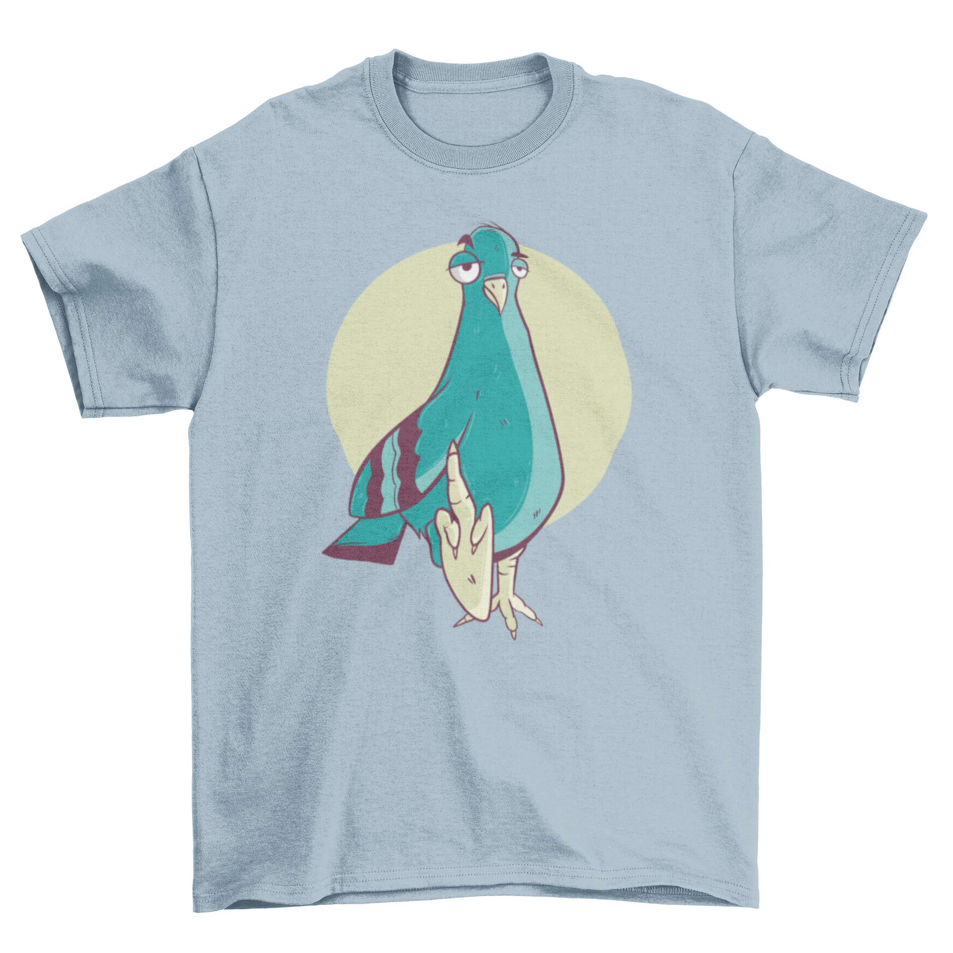 A humorous cartoon-style illustration of a pigeon on a t-shirt, showcasing a playful design.