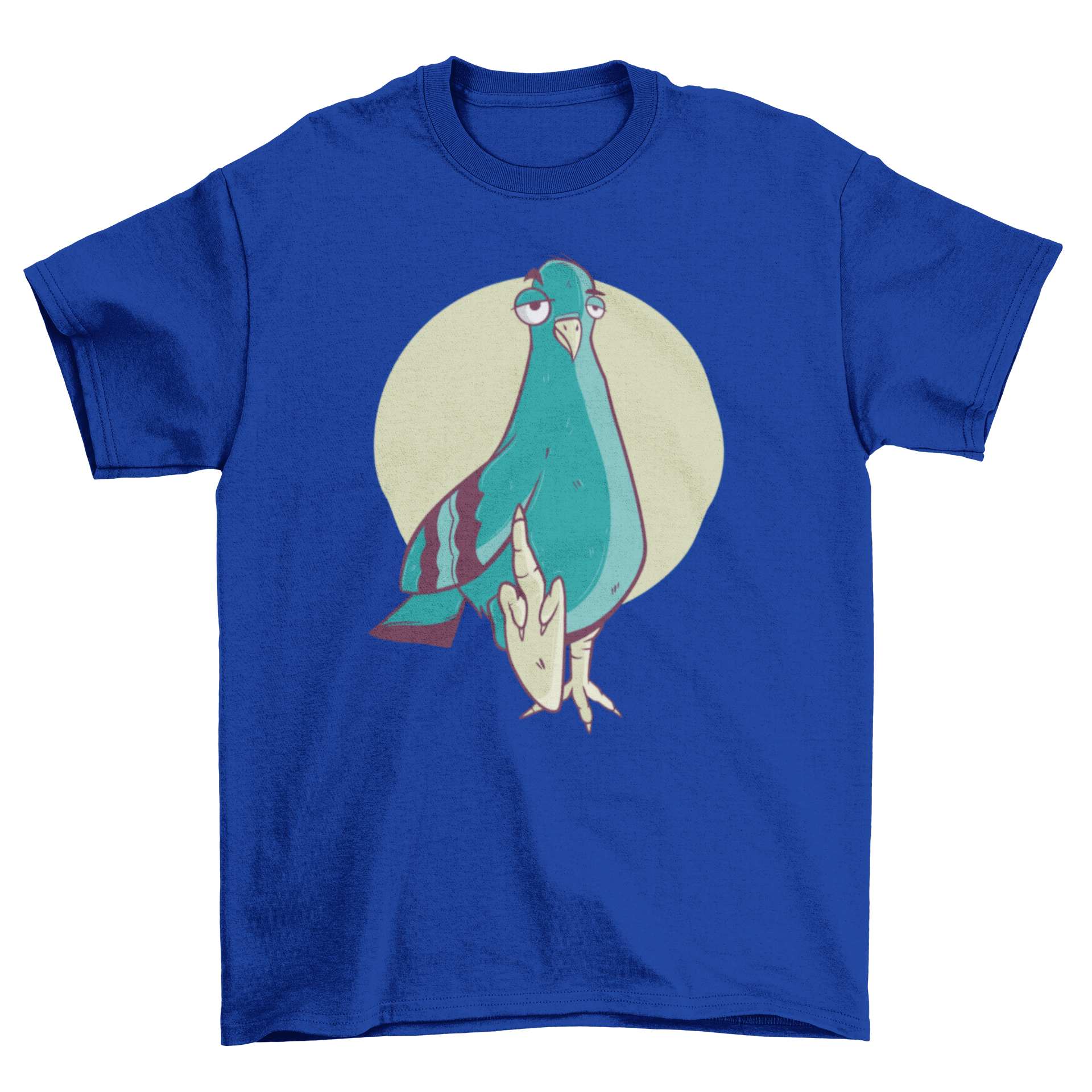 A humorous cartoon-style illustration of a pigeon on a t-shirt, showcasing a playful design.