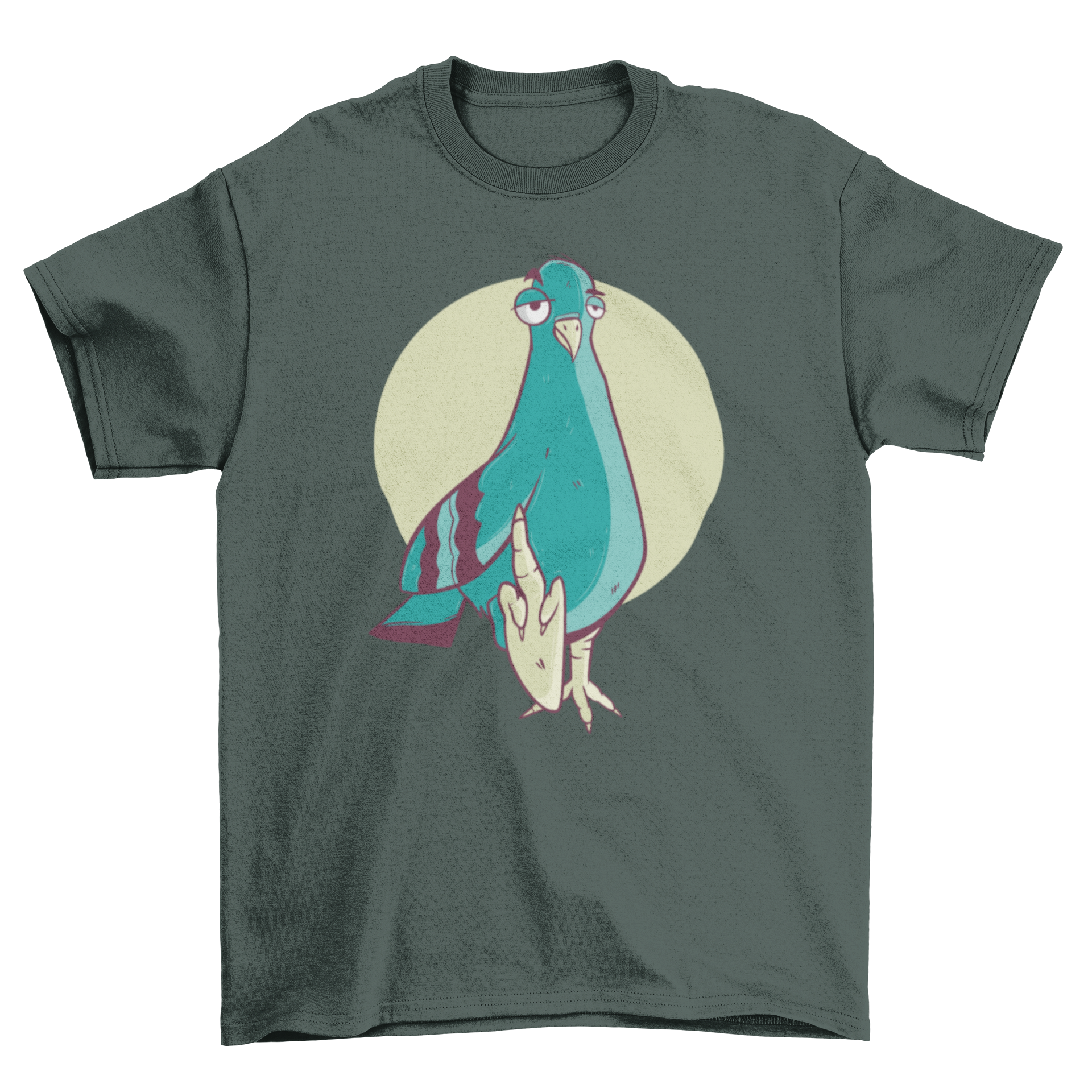 A humorous cartoon-style illustration of a pigeon on a t-shirt, showcasing a playful design.