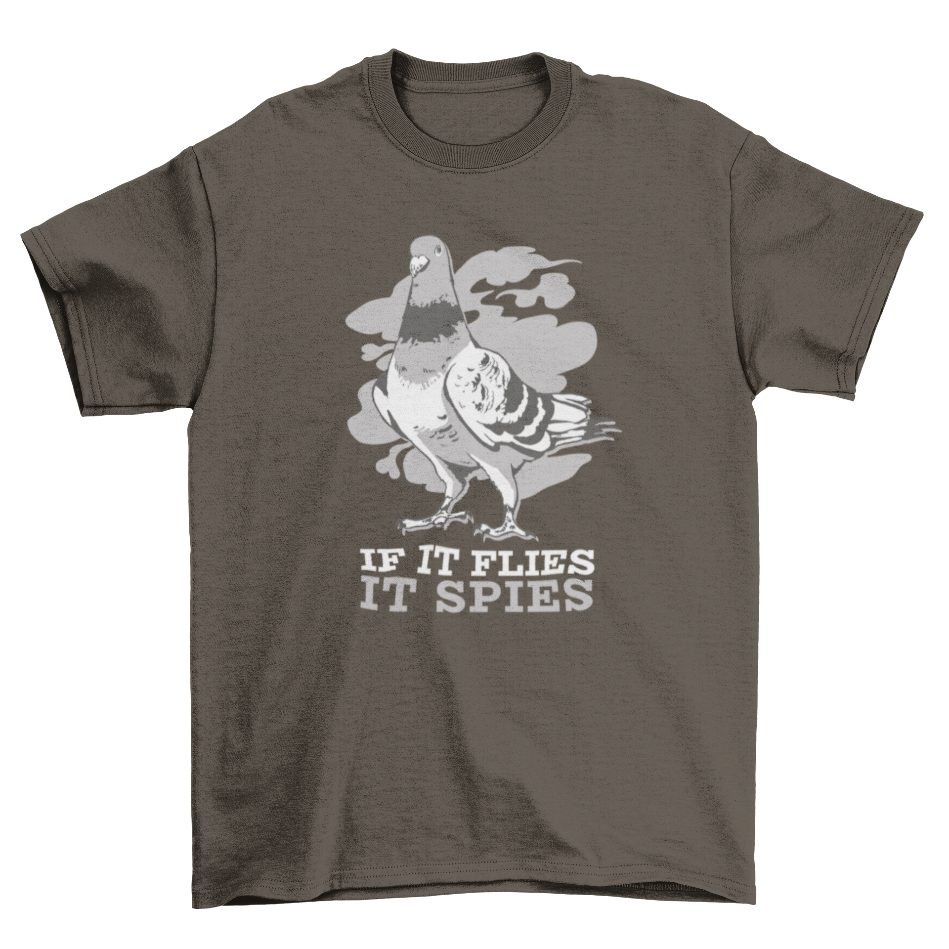 Funny pigeon quote t-shirt featuring a pigeon graphic and the quote 'If it flies it spies'.