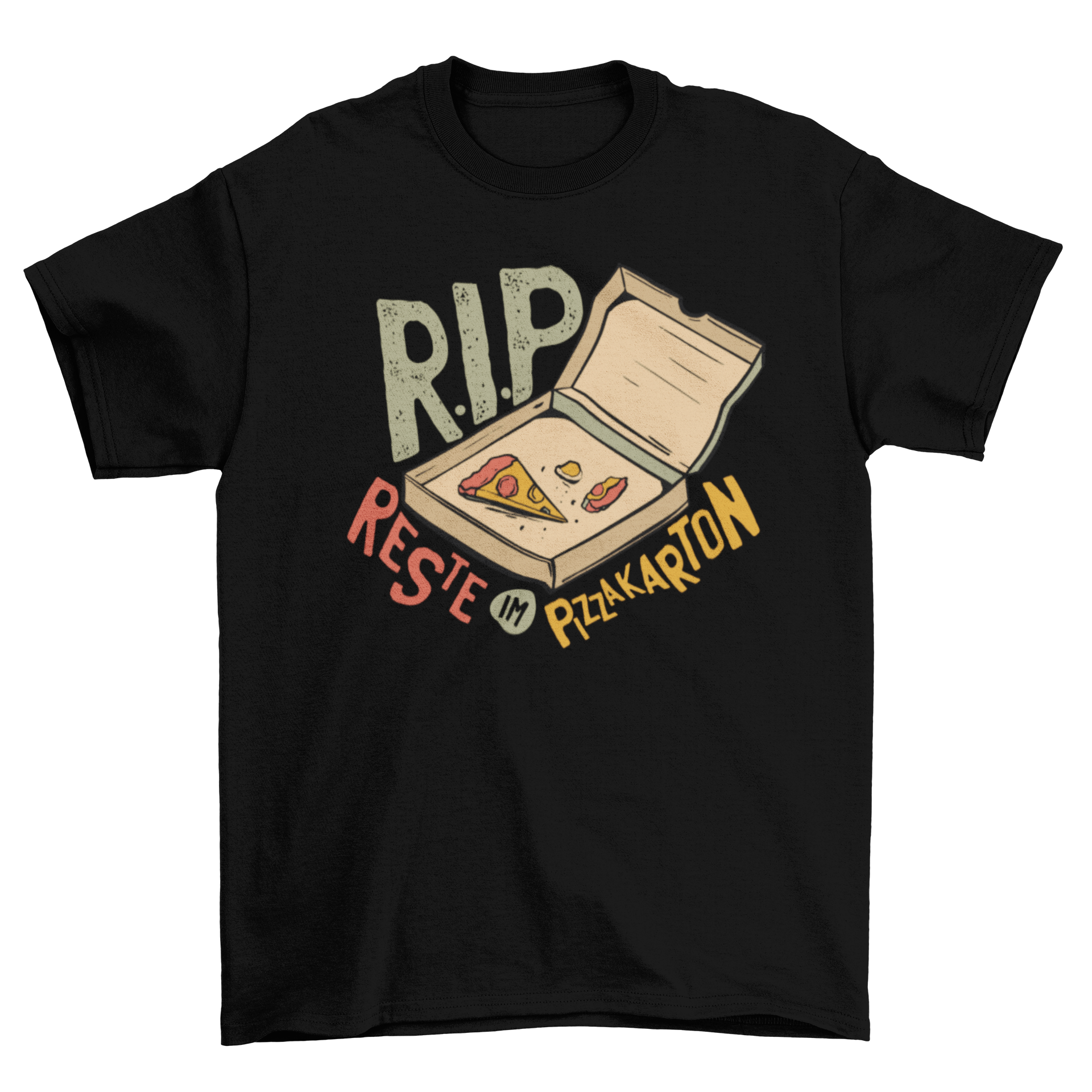 Funny T-shirt design featuring a German pizza quote 'RIP - REST IN PIZZA BOX' with a playful pizza graphic.