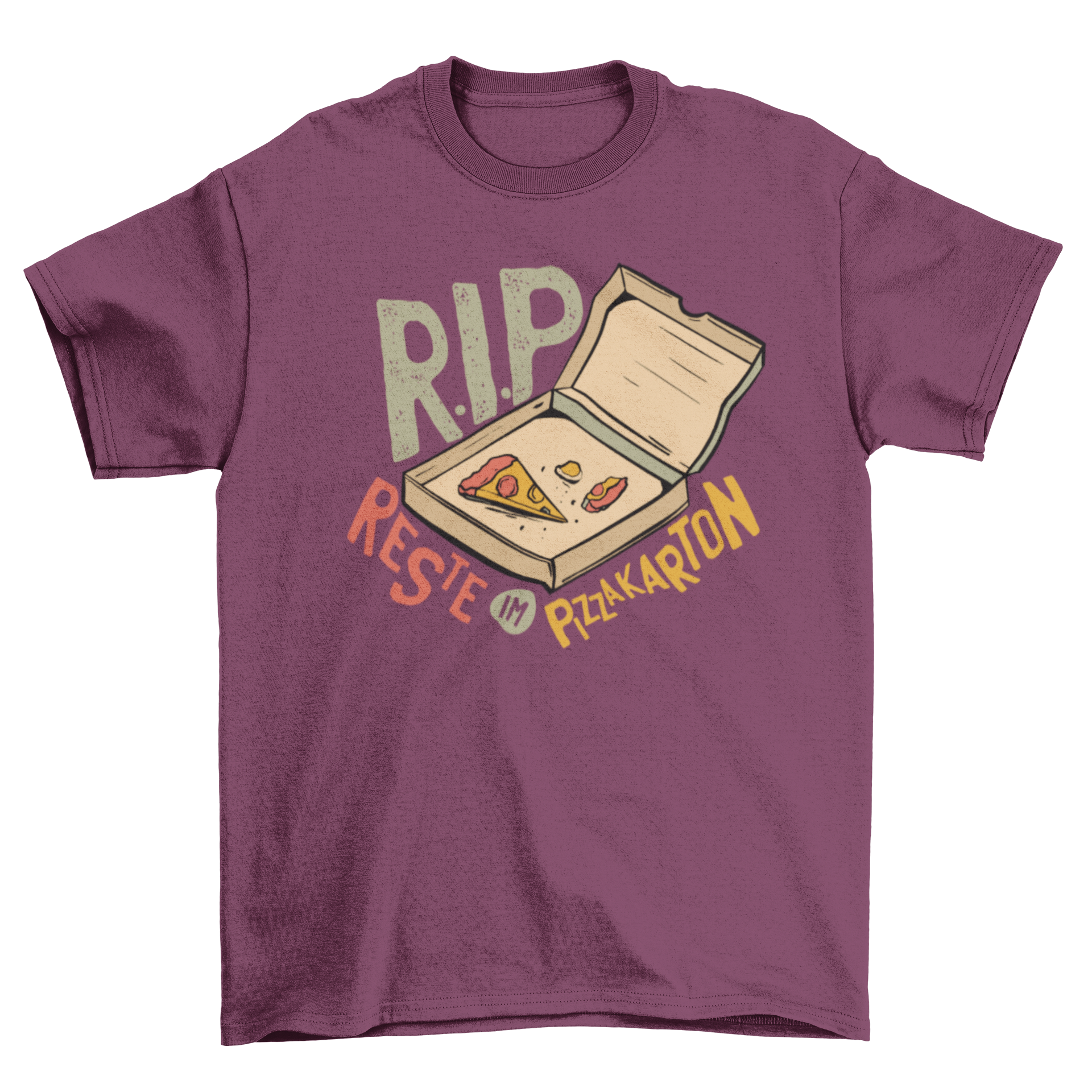 Funny T-shirt design featuring a German pizza quote 'RIP - REST IN PIZZA BOX' with a playful pizza graphic.