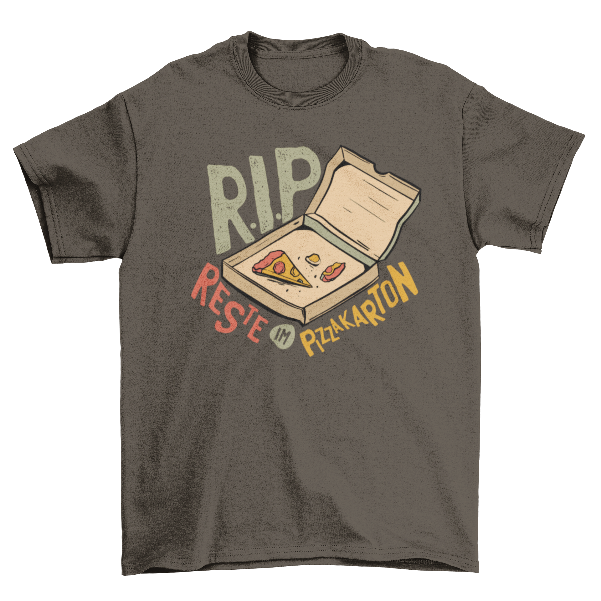 Funny T-shirt design featuring a German pizza quote 'RIP - REST IN PIZZA BOX' with a playful pizza graphic.