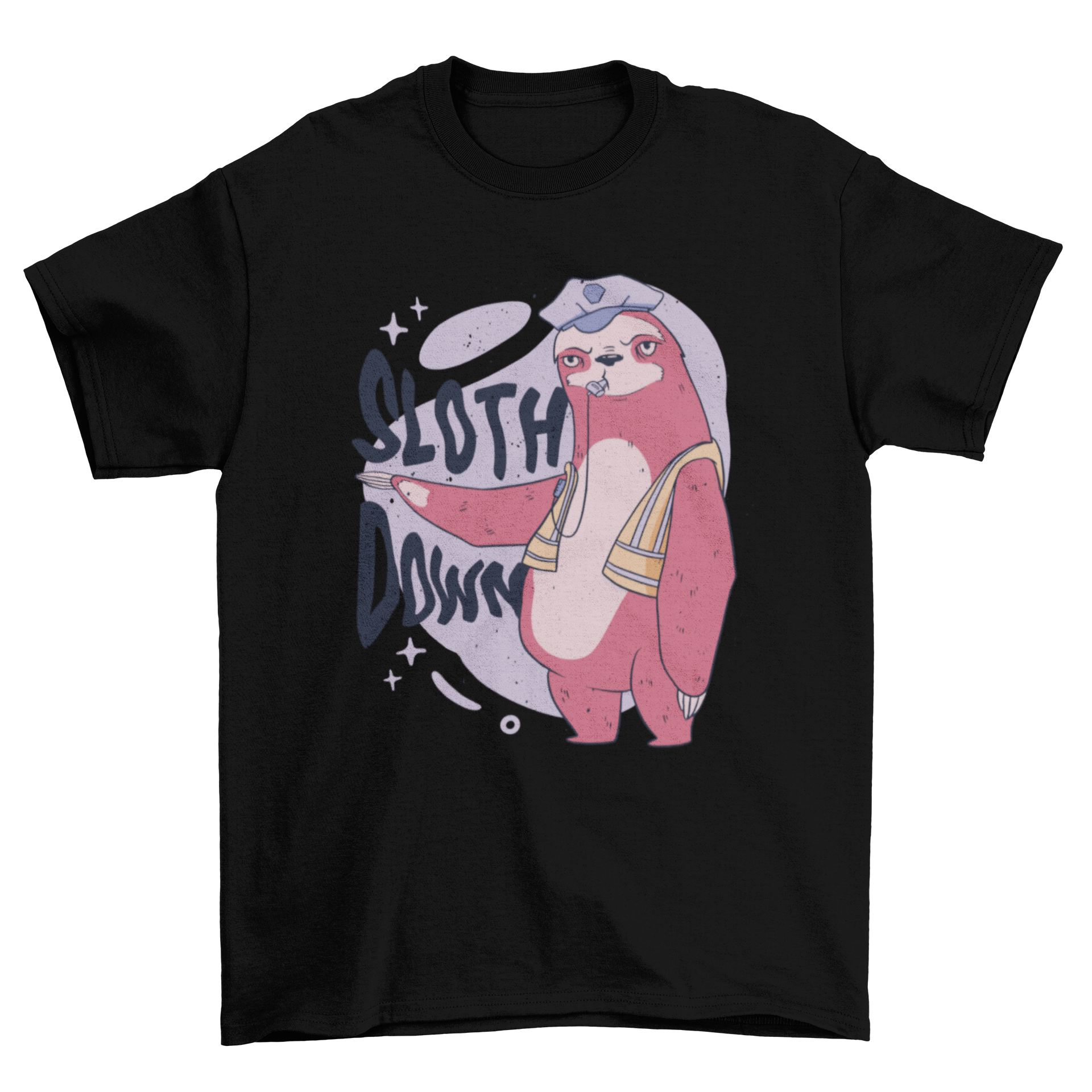 Funny police sloth animal t-shirt featuring a sloth in a police uniform with the quote 'Sloth down'.