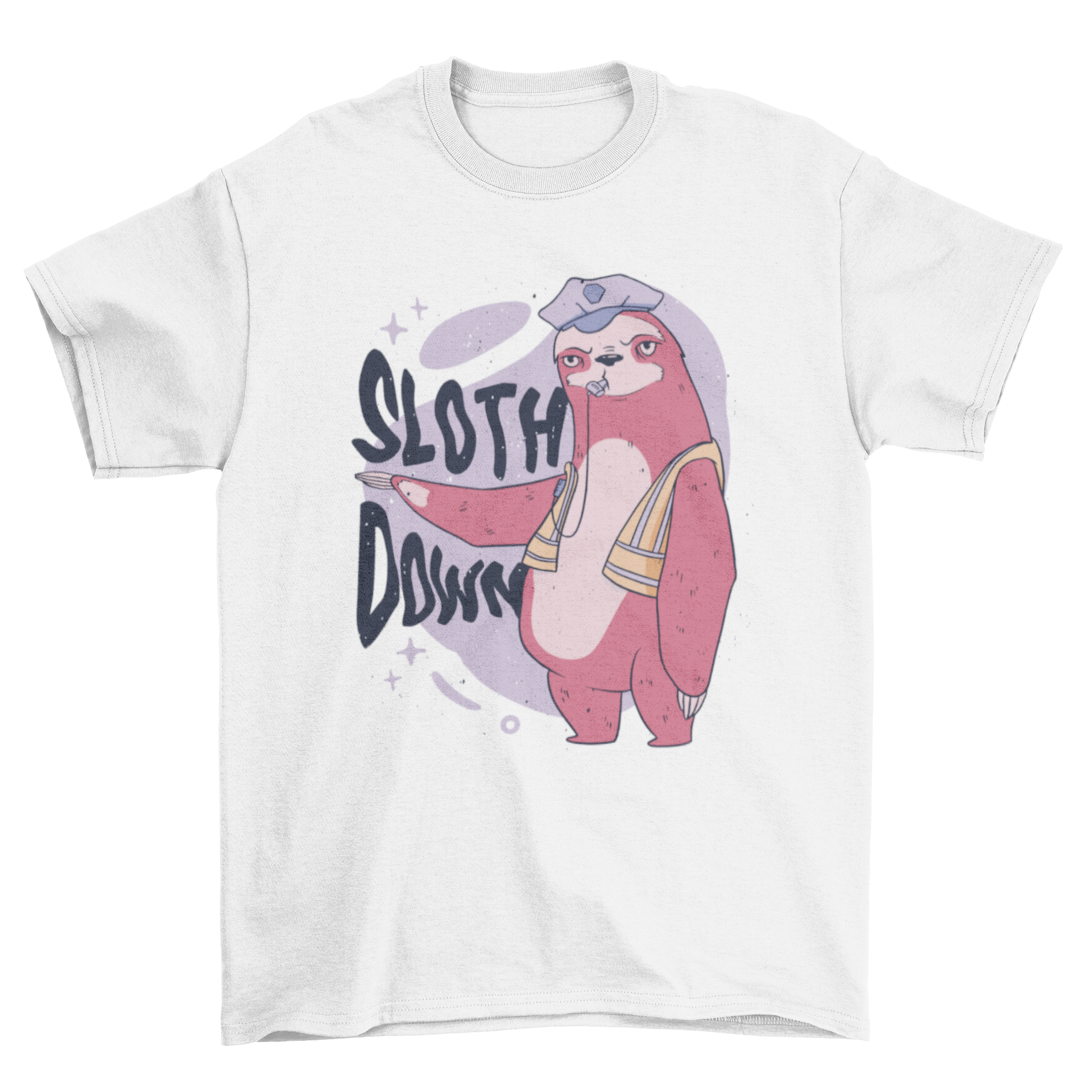 Funny police sloth animal t-shirt featuring a sloth in a police uniform with the quote 'Sloth down'.