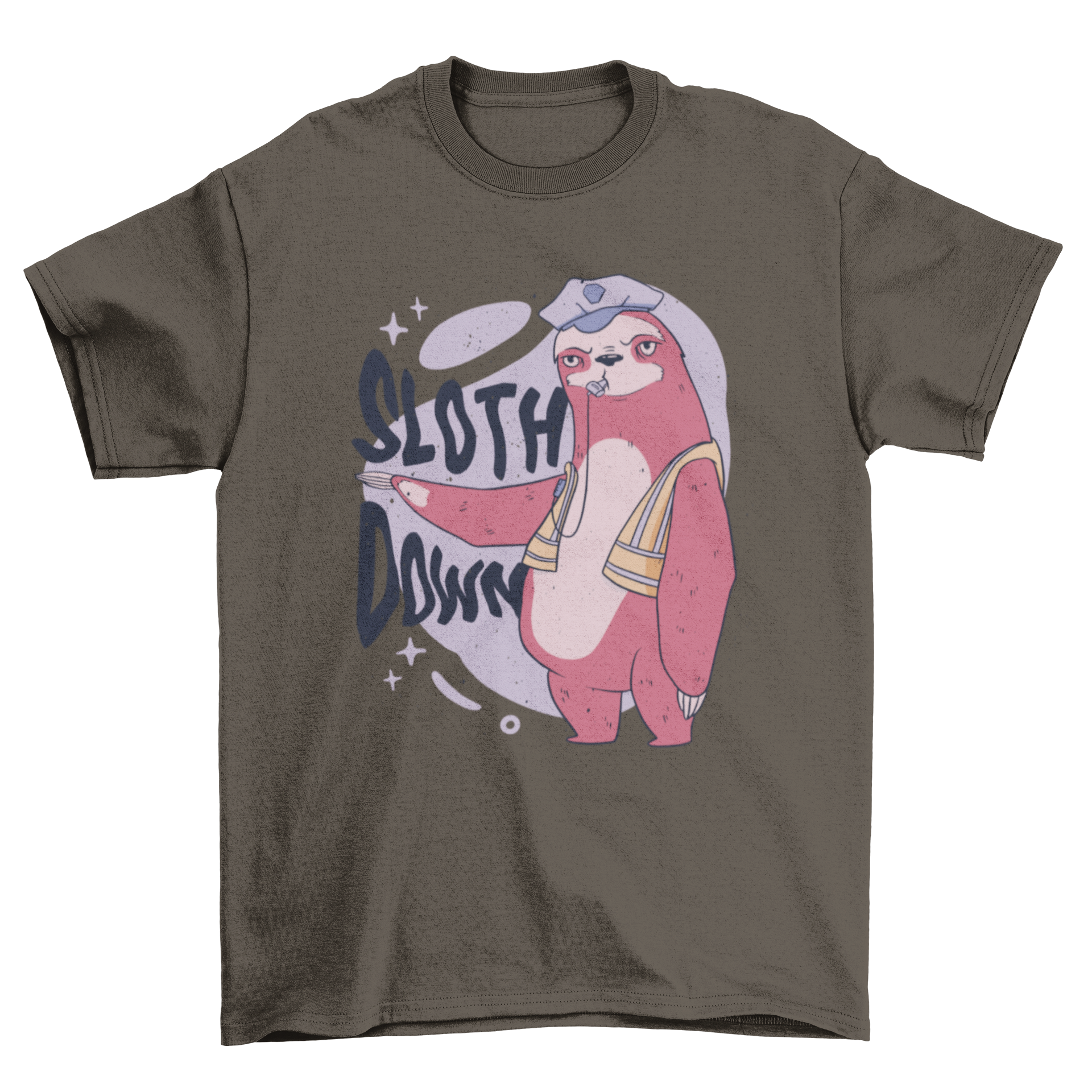 Funny police sloth animal t-shirt featuring a sloth in a police uniform with the quote 'Sloth down'.