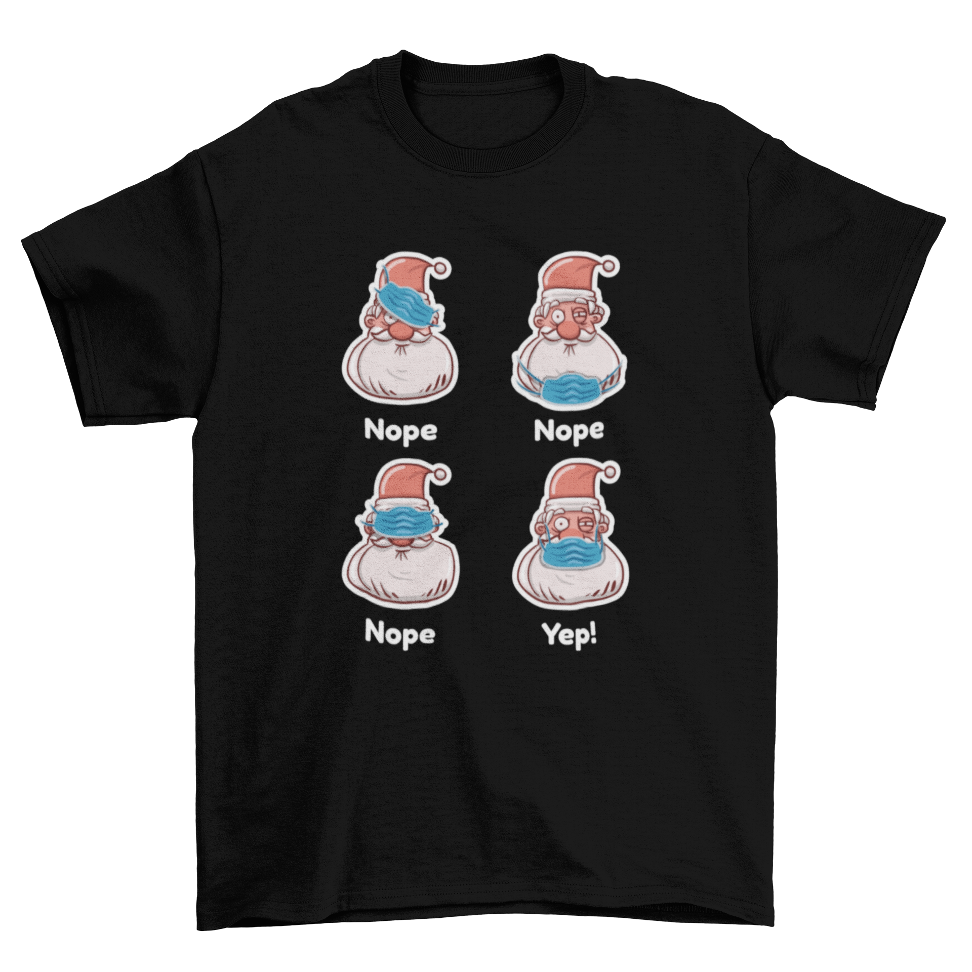 A humorous t-shirt featuring Santa Claus struggling to put on a face mask, perfect for holiday celebrations.