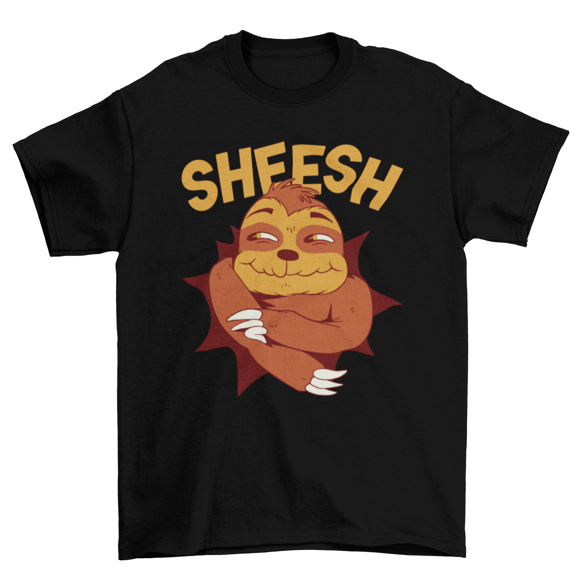 A colorful cartoon t-shirt featuring a sloth saying 'sheesh', perfect for casual wear.