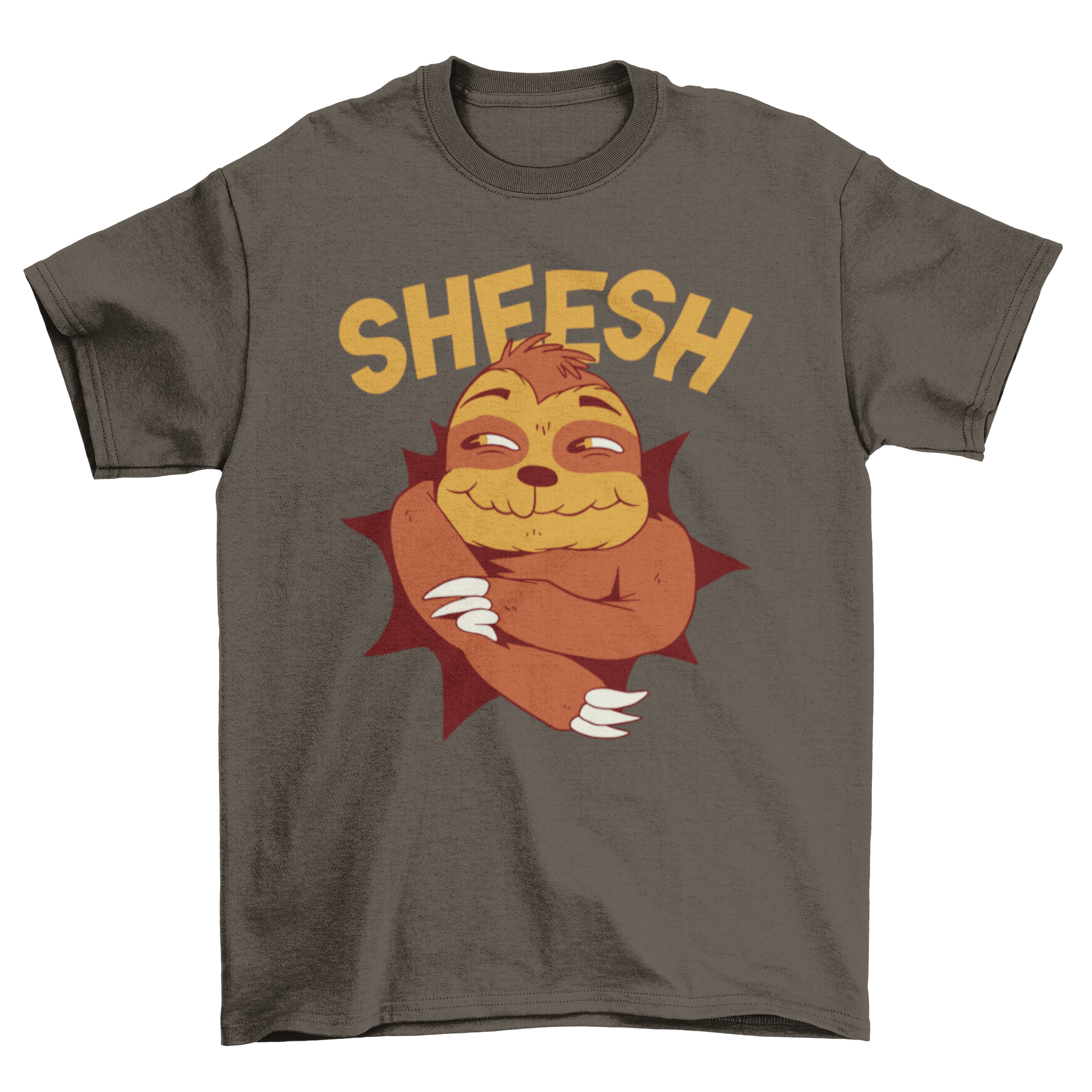 A colorful cartoon t-shirt featuring a sloth saying 'sheesh', perfect for casual wear.