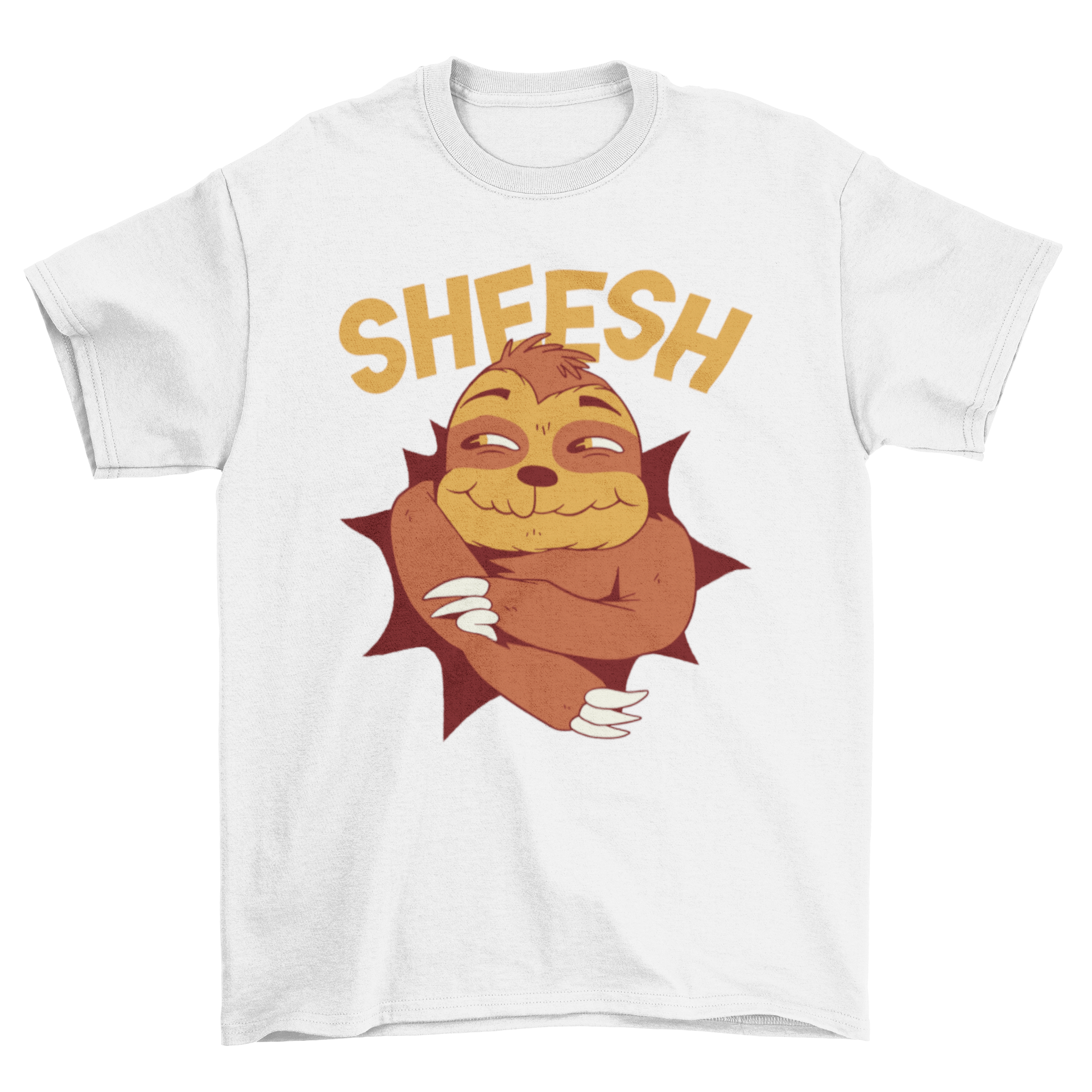 A colorful cartoon t-shirt featuring a sloth saying 'sheesh', perfect for casual wear.