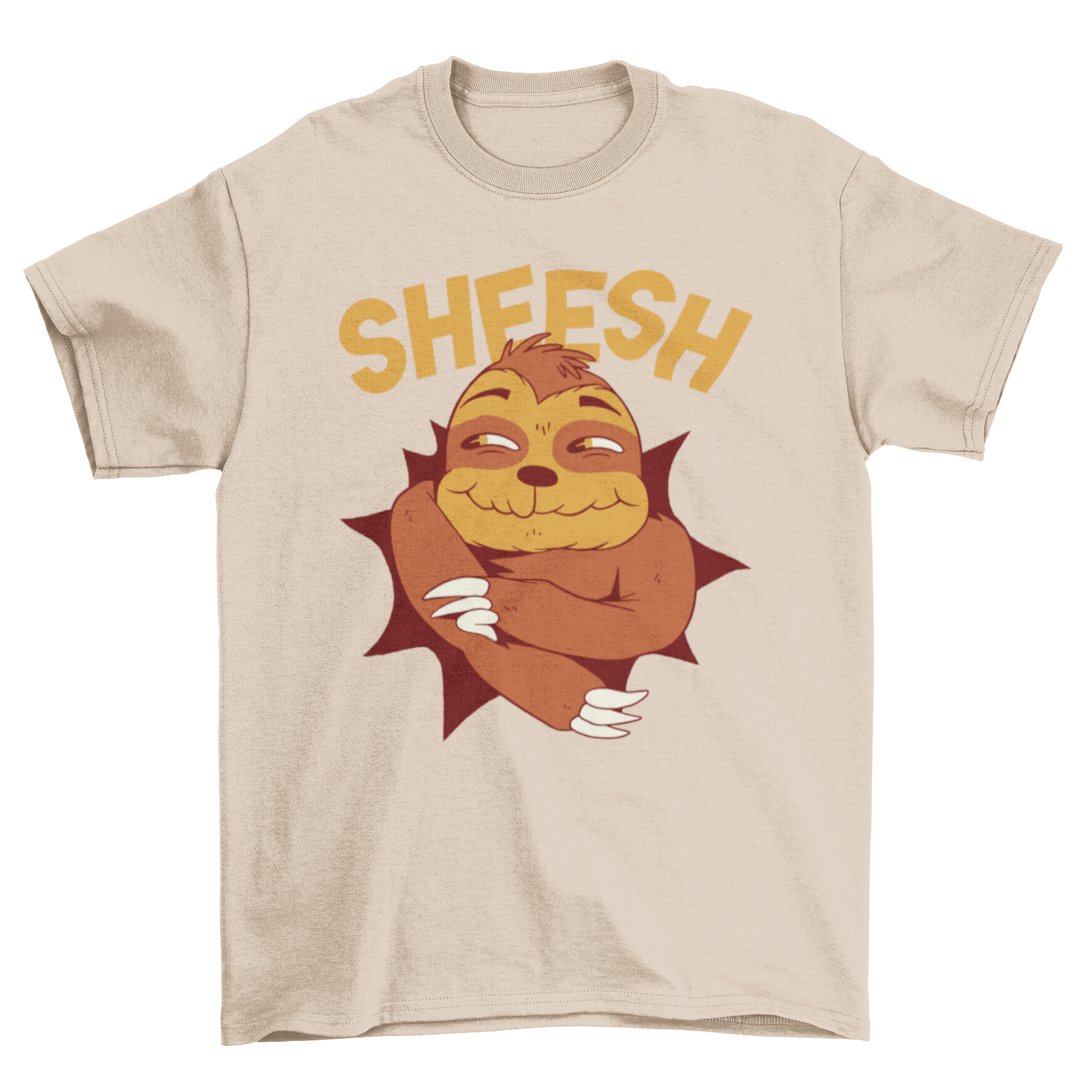 A colorful cartoon t-shirt featuring a sloth saying 'sheesh', perfect for casual wear.