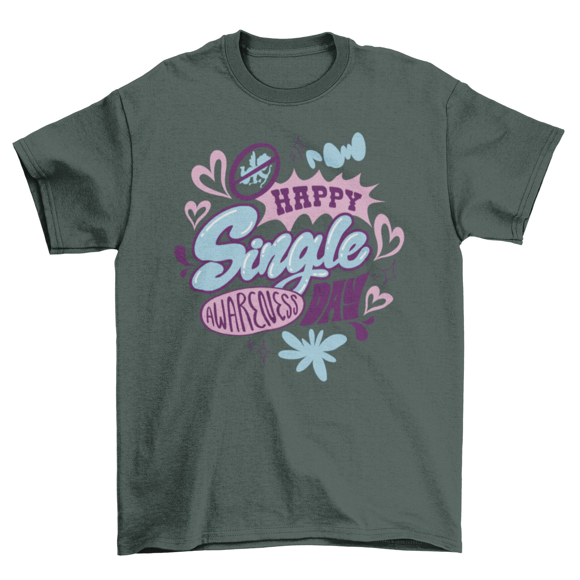 Funny anti-Valentine's t-shirt with the quote 'Happy Single Awareness Day' printed on it.