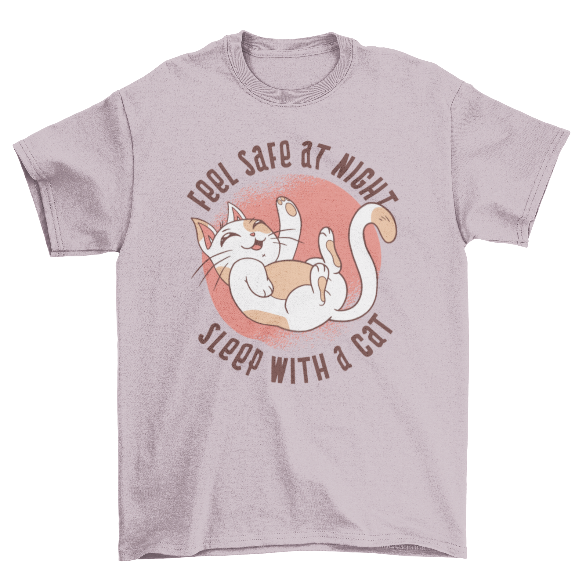 A playful cat design on a t-shirt with the quote 'FEEL SAFE AT NIGHT SLEEP WITH A CAT'.