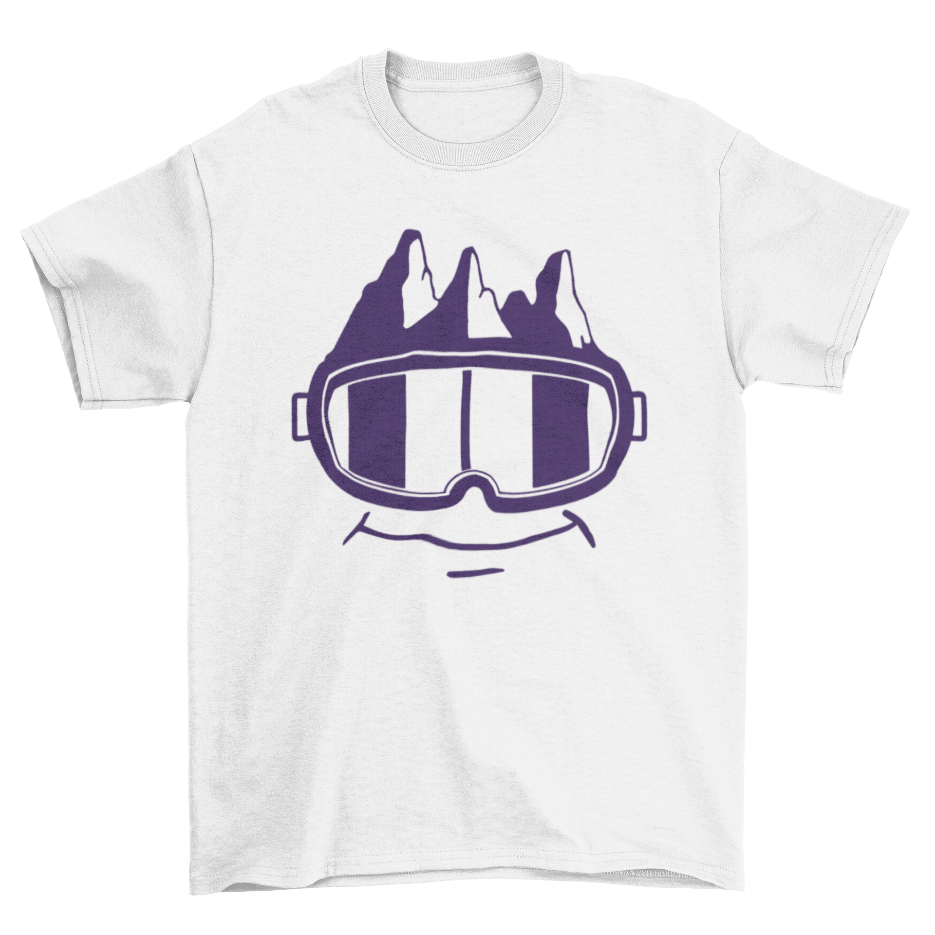 A humorous T-shirt featuring snow goggles with a mountain and a smile, perfect for winter sports enthusiasts.