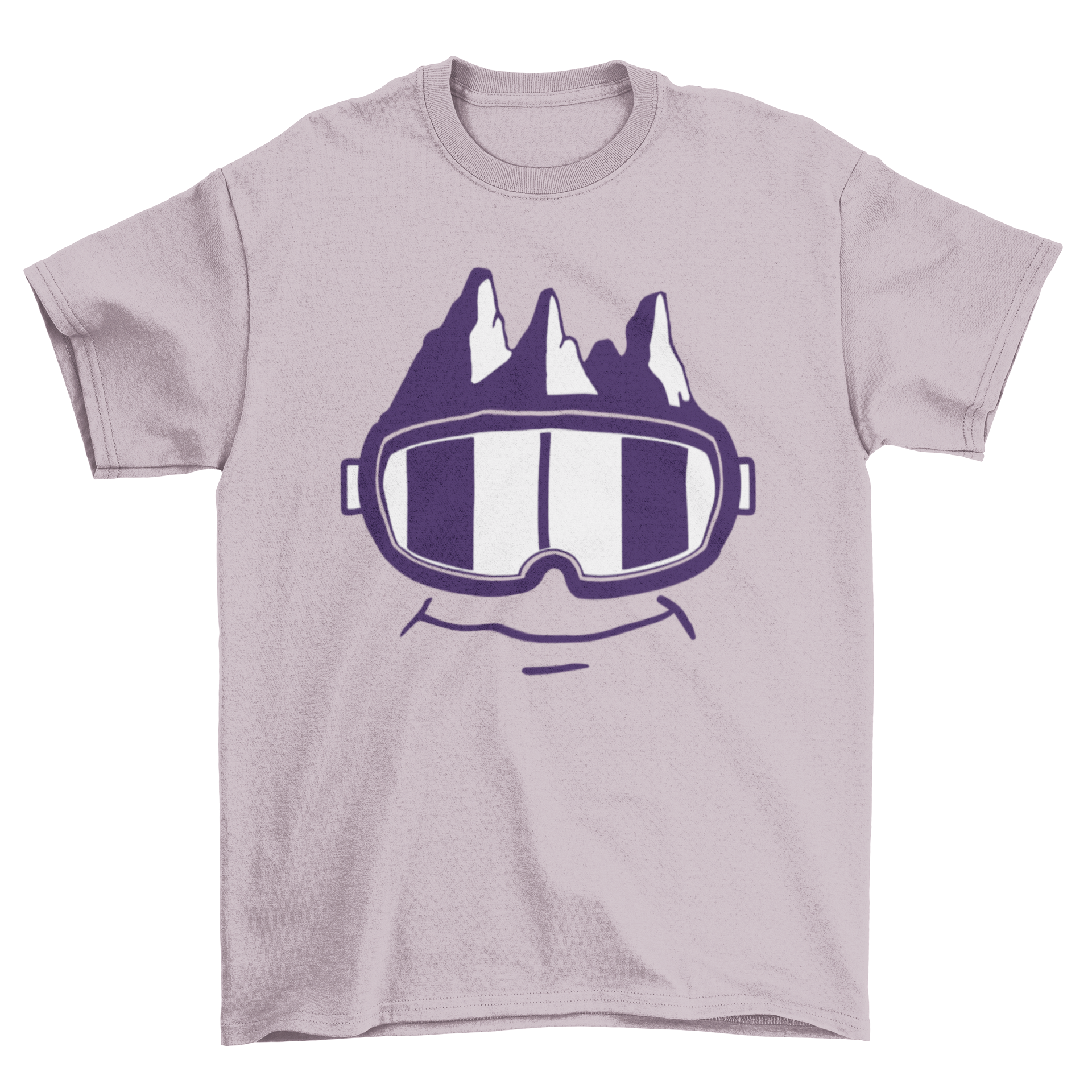 A humorous T-shirt featuring snow goggles with a mountain and a smile, perfect for winter sports enthusiasts.