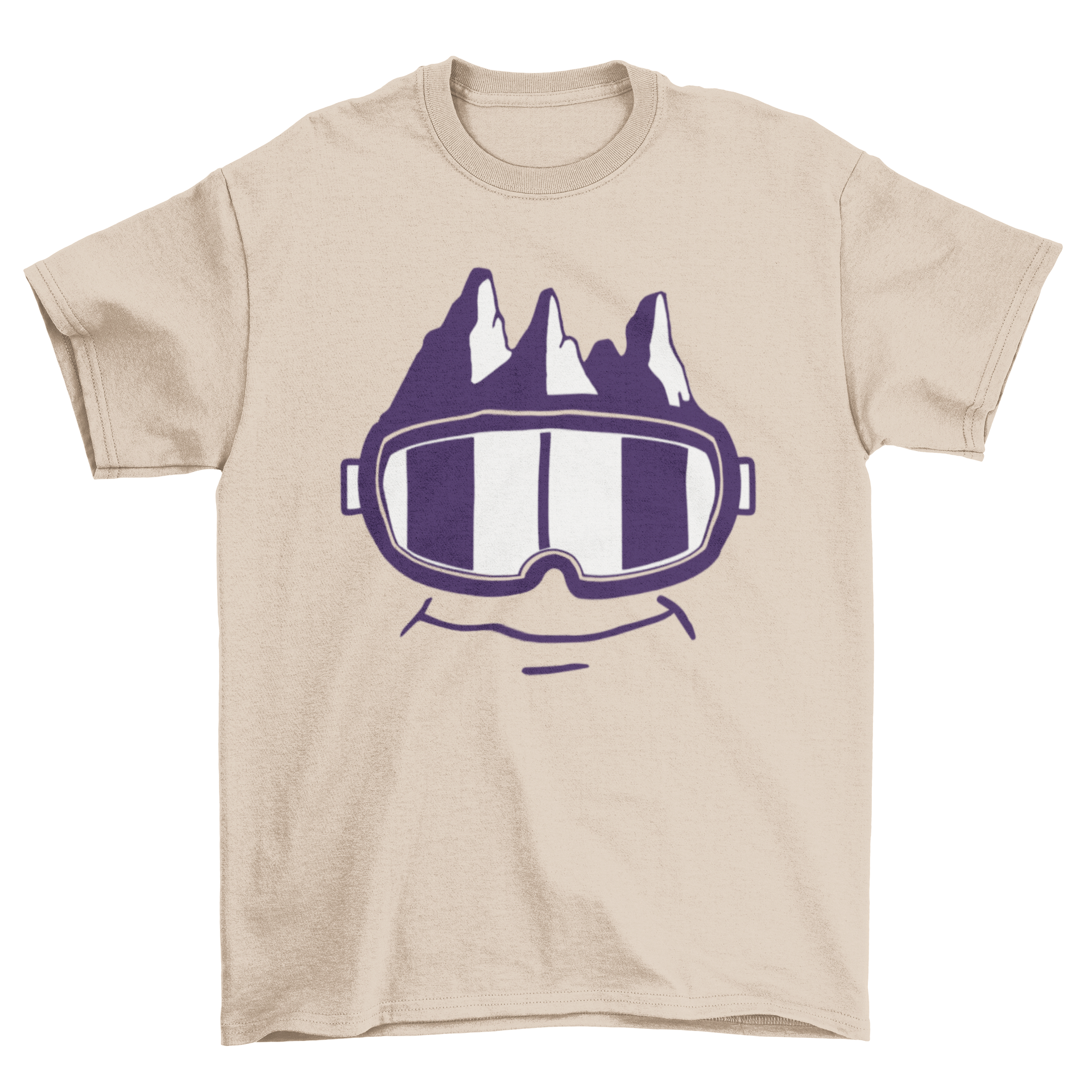 A humorous T-shirt featuring snow goggles with a mountain and a smile, perfect for winter sports enthusiasts.