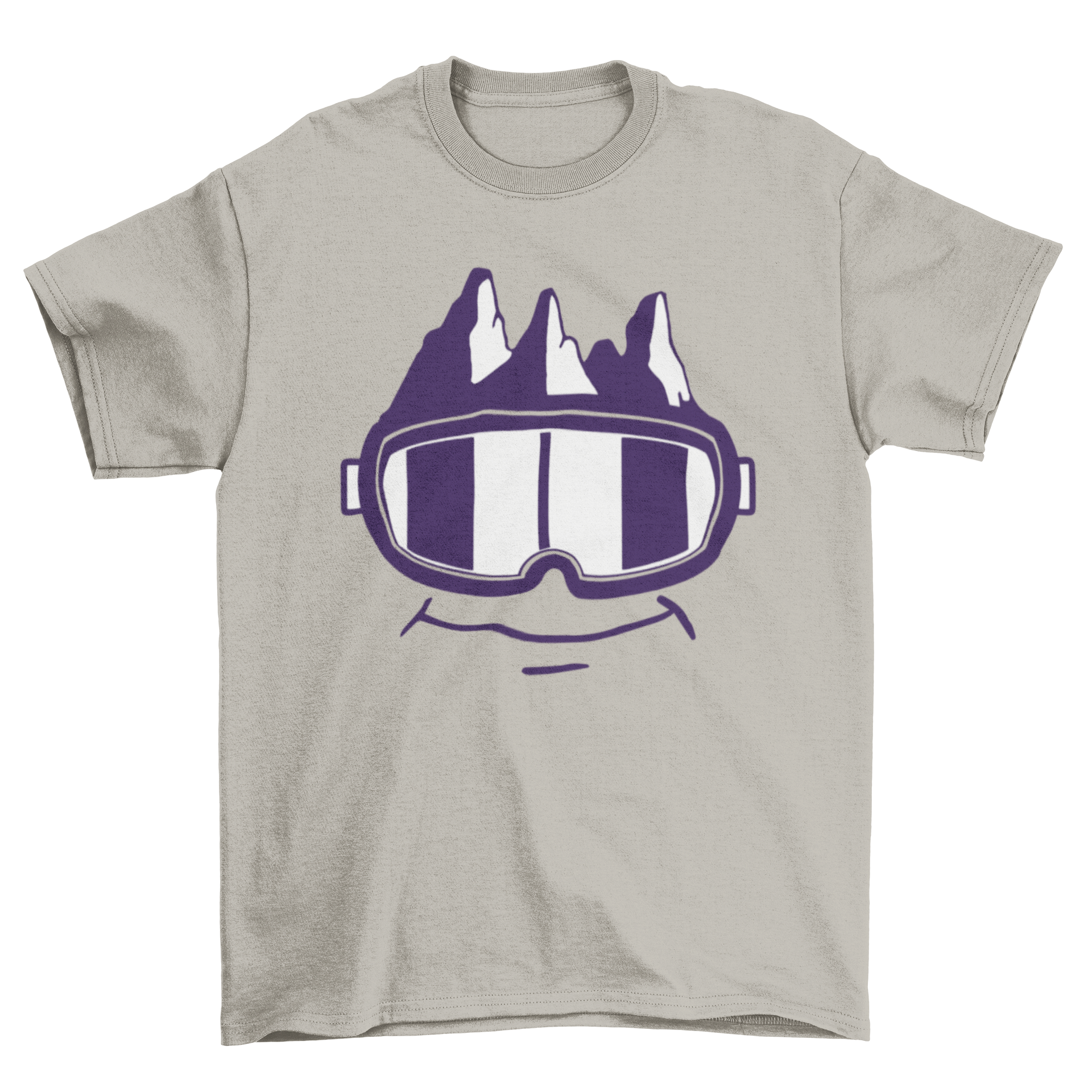 A humorous T-shirt featuring snow goggles with a mountain and a smile, perfect for winter sports enthusiasts.