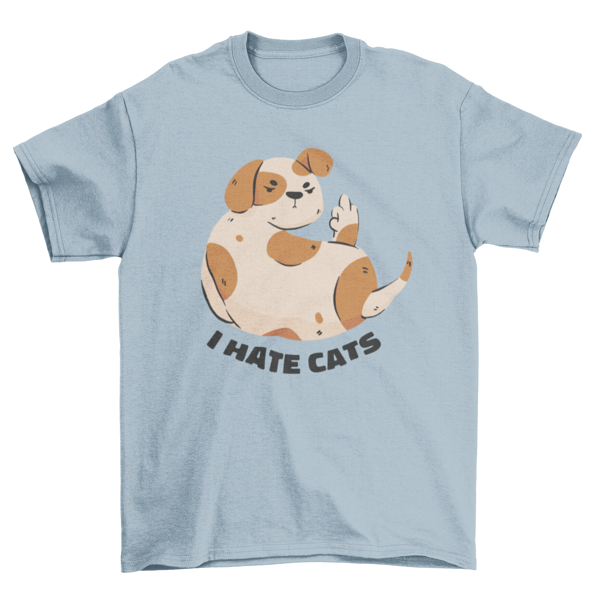 A humorous t-shirt featuring a spotted dog raising its middle finger with the text 'I hate cats'.