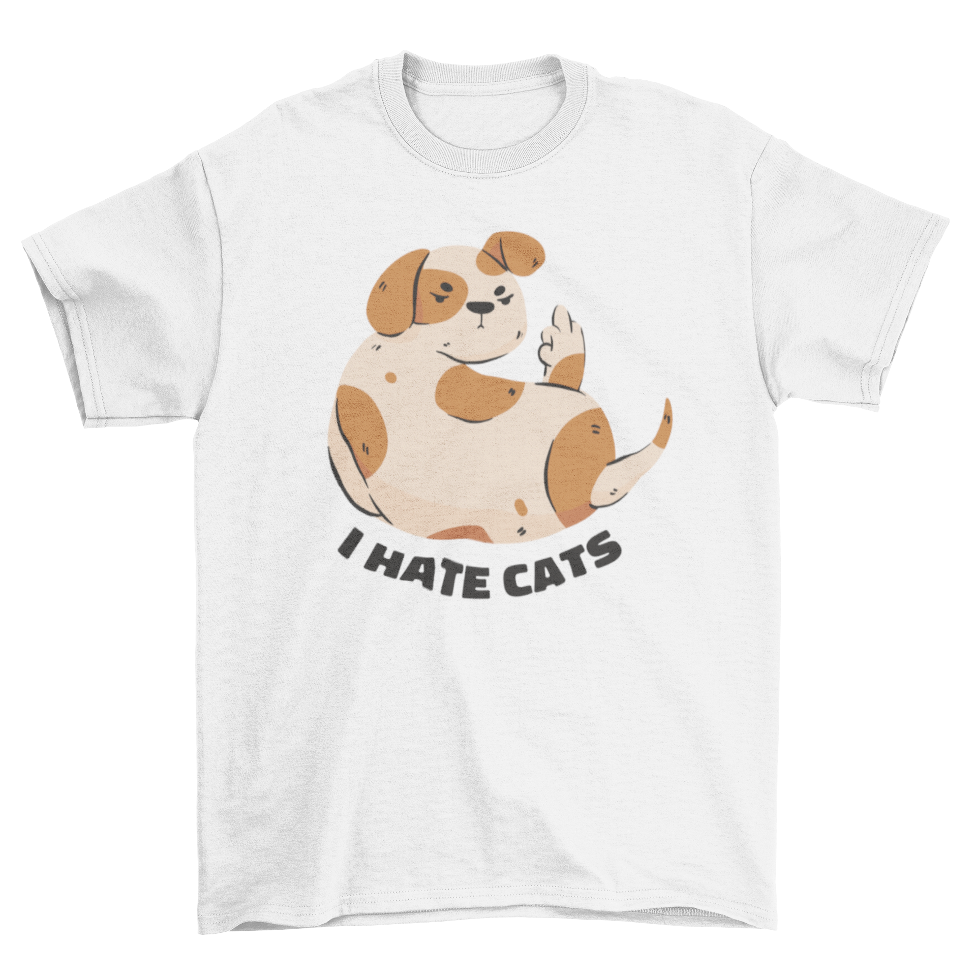 A humorous t-shirt featuring a spotted dog raising its middle finger with the text 'I hate cats'.