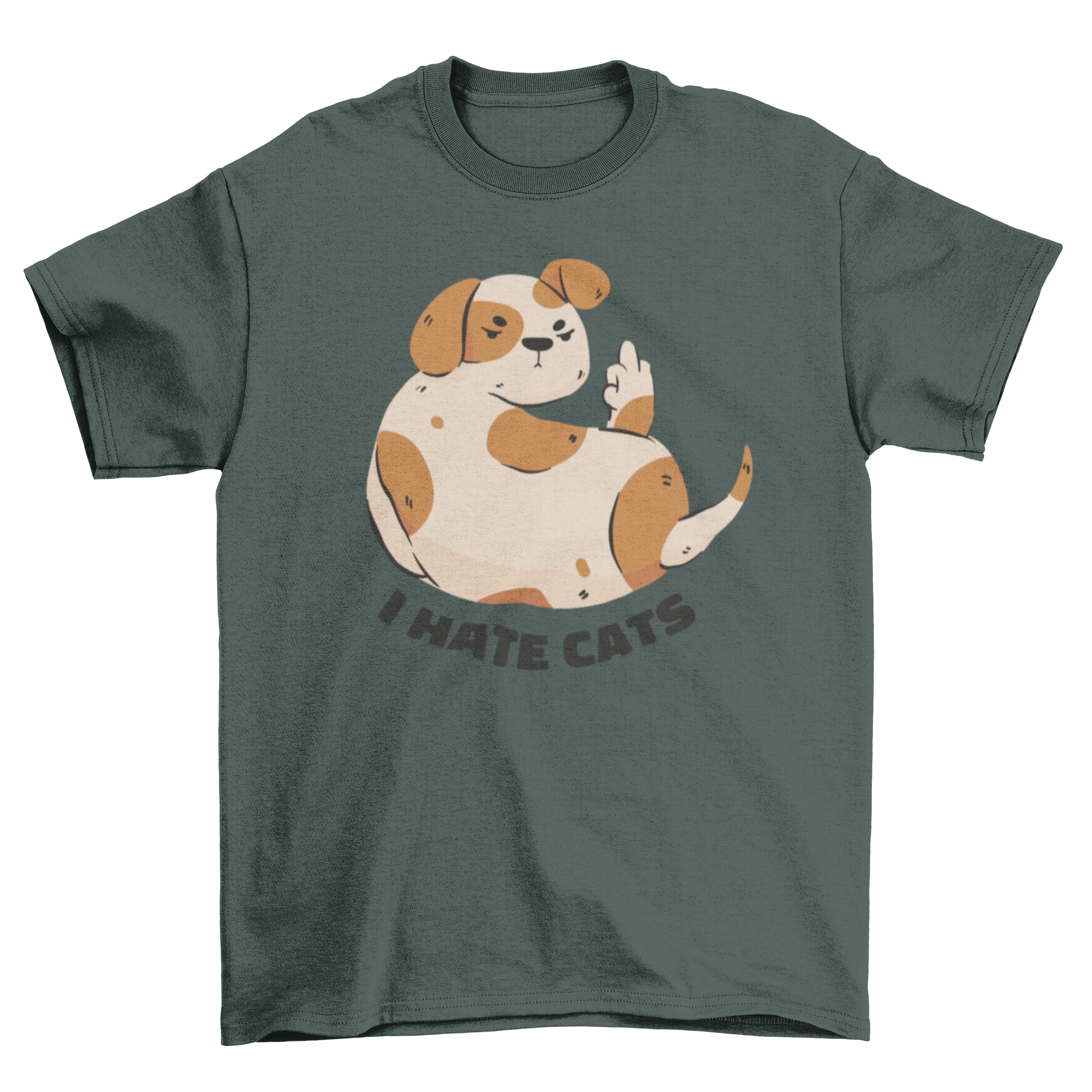 A humorous t-shirt featuring a spotted dog raising its middle finger with the text 'I hate cats'.