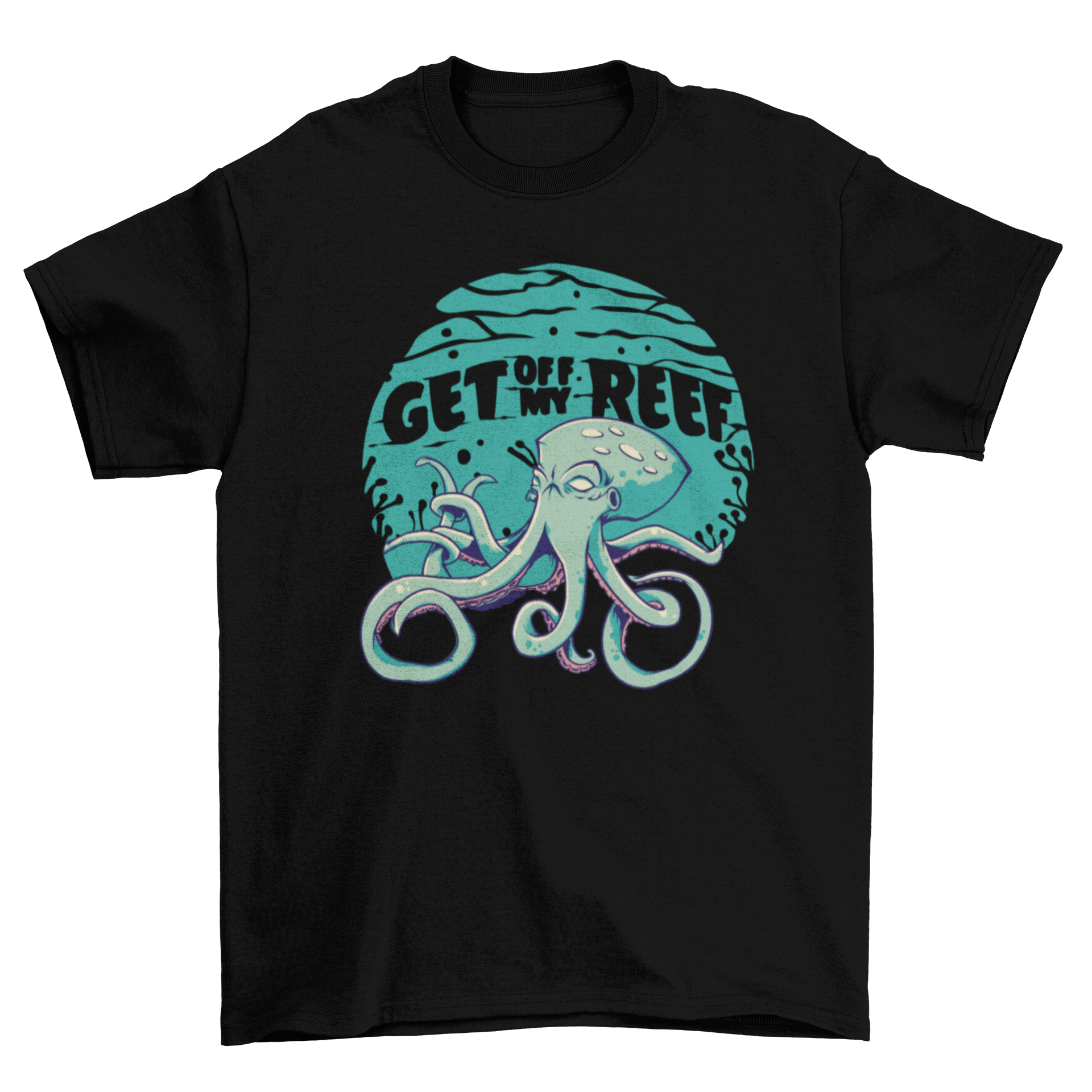 A vibrant t-shirt featuring a mad squid illustration and the quote 'Get off my reef', perfect for ocean lovers.