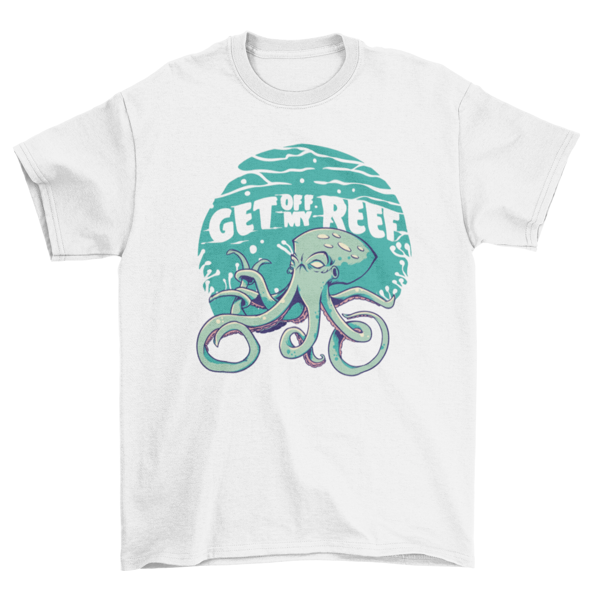 A vibrant t-shirt featuring a mad squid illustration and the quote 'Get off my reef', perfect for ocean lovers.