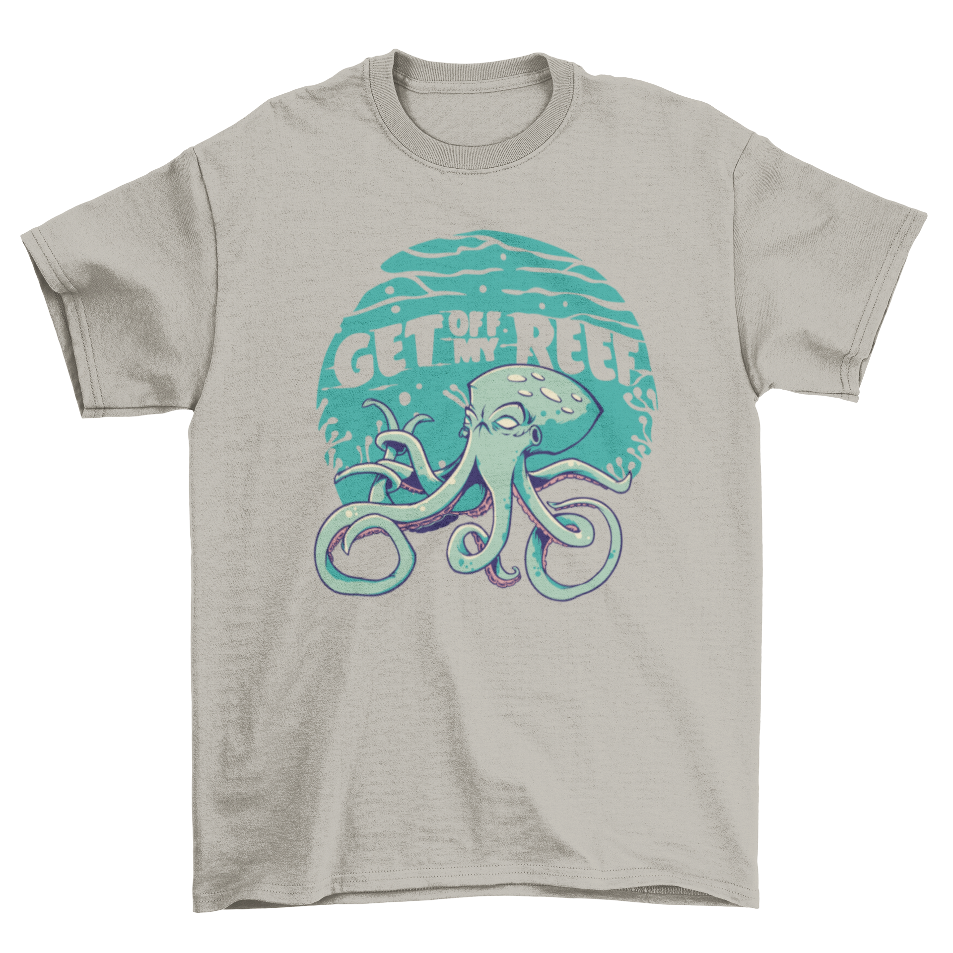 A vibrant t-shirt featuring a mad squid illustration and the quote 'Get off my reef', perfect for ocean lovers.