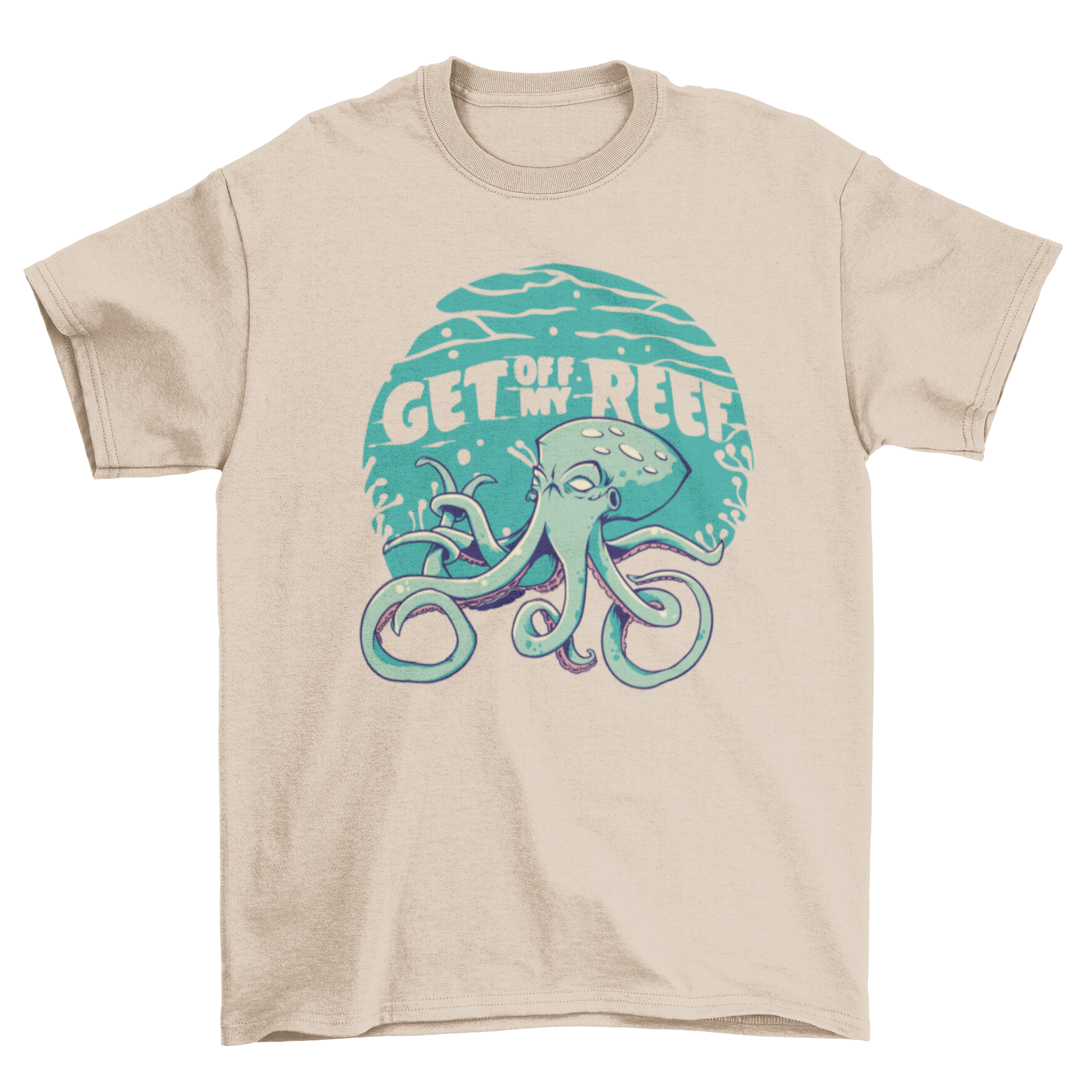 A vibrant t-shirt featuring a mad squid illustration and the quote 'Get off my reef', perfect for ocean lovers.