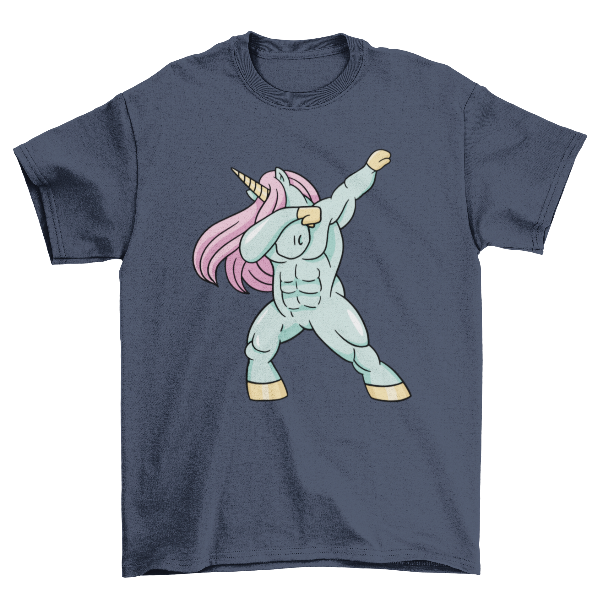 A humorous t-shirt featuring a strong unicorn with big muscles dabbing, showcasing a fun and playful design.