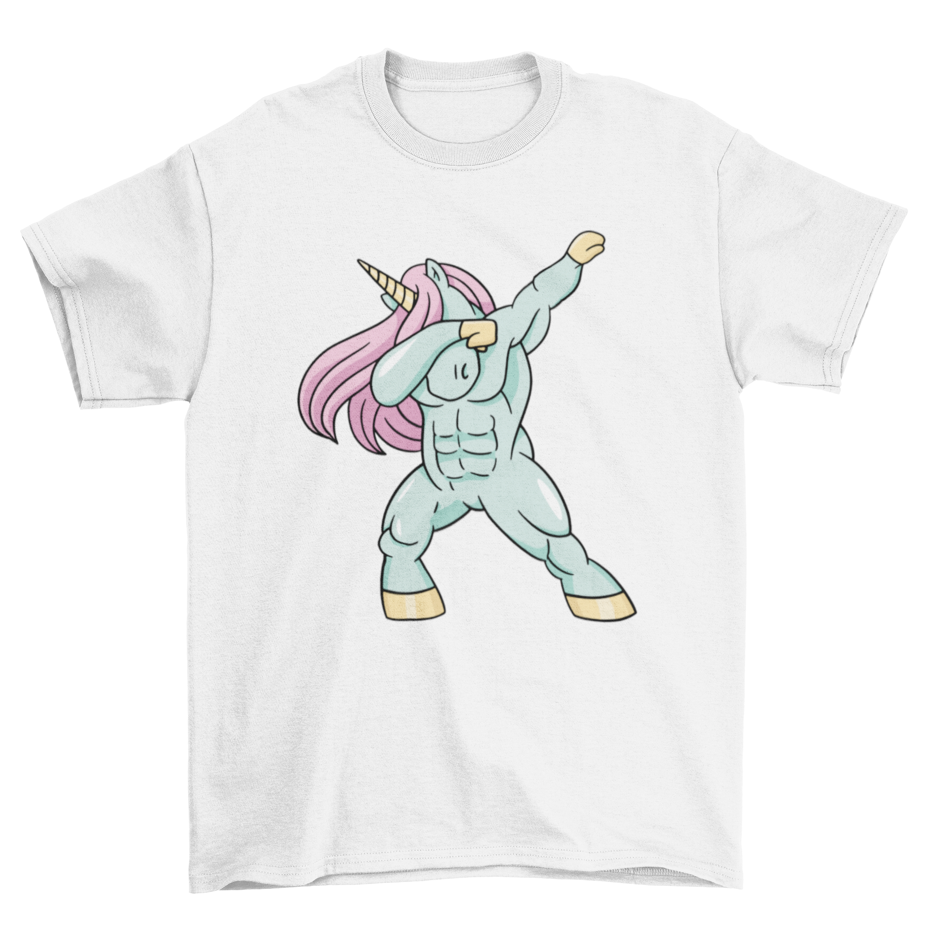 A humorous t-shirt featuring a strong unicorn with big muscles dabbing, showcasing a fun and playful design.