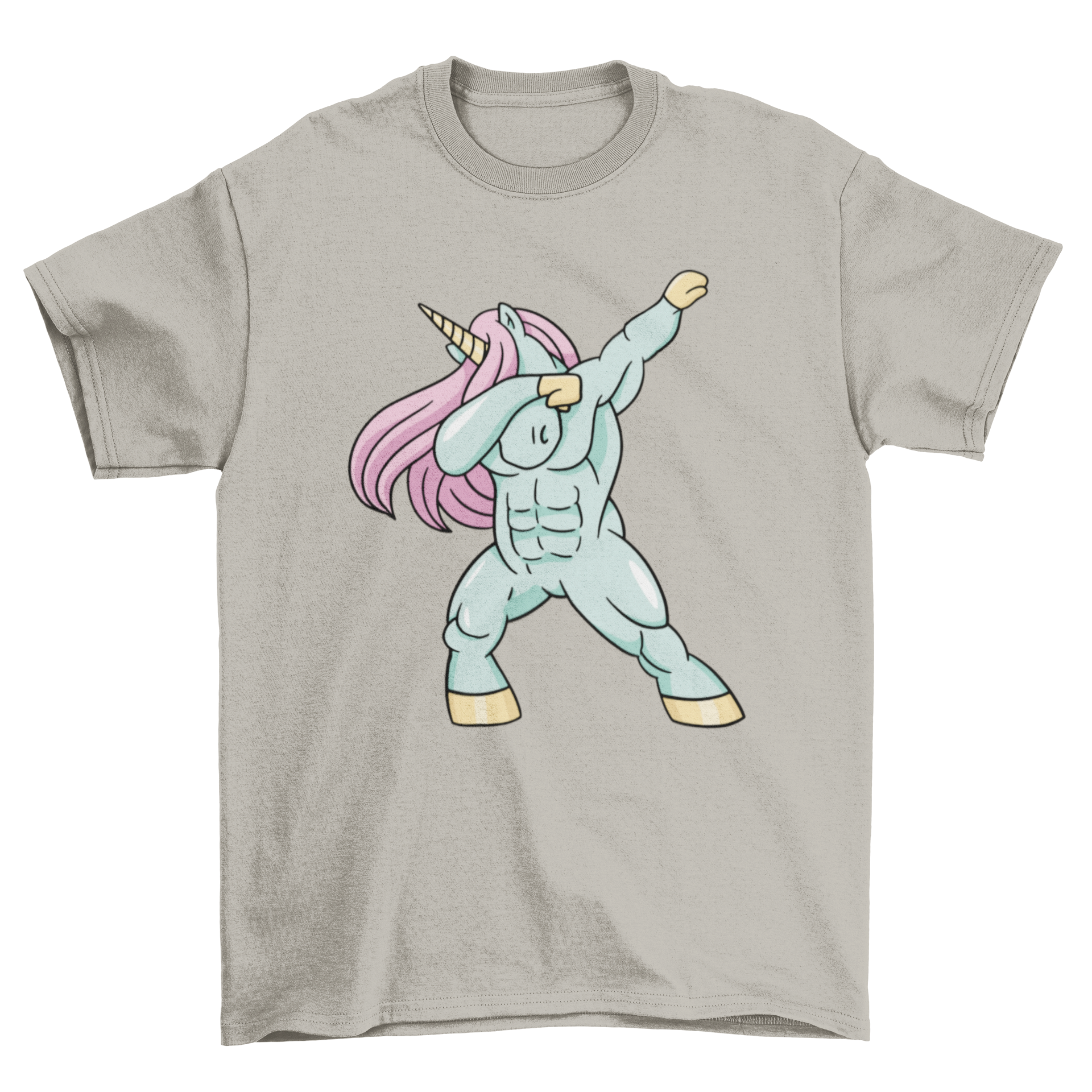 A humorous t-shirt featuring a strong unicorn with big muscles dabbing, showcasing a fun and playful design.