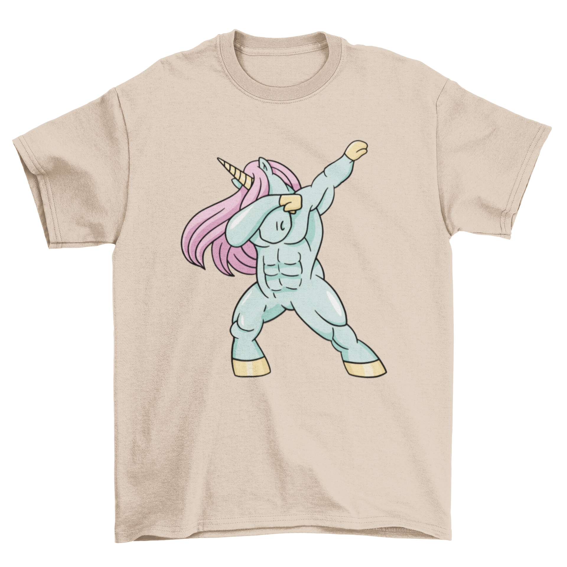 A humorous t-shirt featuring a strong unicorn with big muscles dabbing, showcasing a fun and playful design.