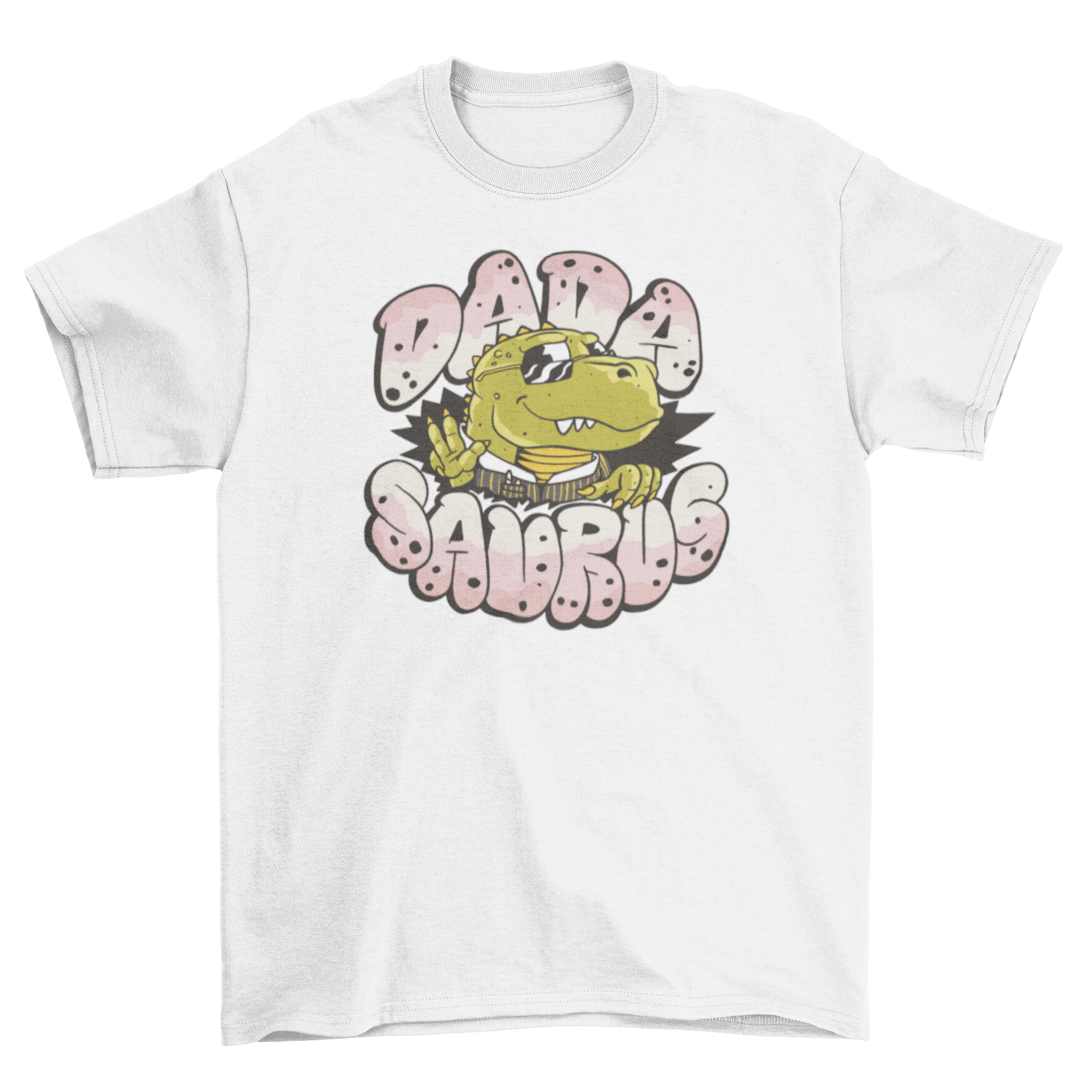 A colorful cartoon t-shirt featuring a T-Rex dinosaur with the quote 'Dada Saurus', perfect for dinosaur lovers.